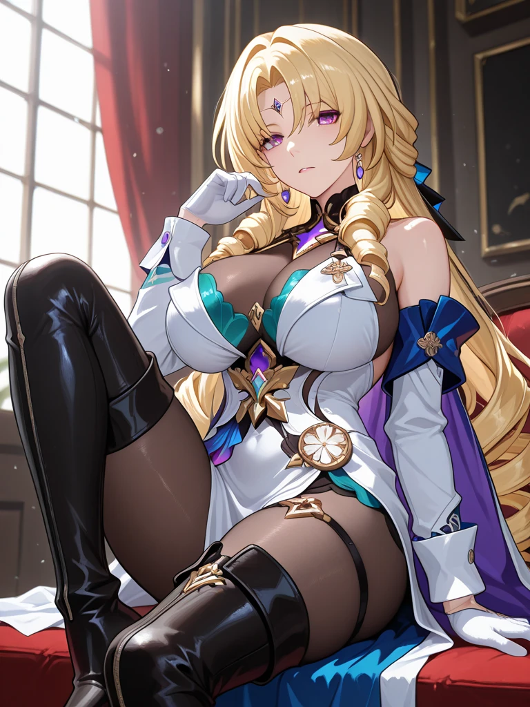 masutepiece, Best Quality,  the Extremely Detailed CG Unity 8K Wallpapers, Beauty Wizard、, (Long dark blonde wavy hair)、Off shoulder dress, Medium milk,  Puffy nipple、Beautiful necklace、large earring、Blushing, Shy laughter, Bare shoulders、sexy hips、sexy underwear、Red High Heels、Luxurious magic wand and book、Church of the castle、sexy  pose、(Poses that emphasize the buttocks)