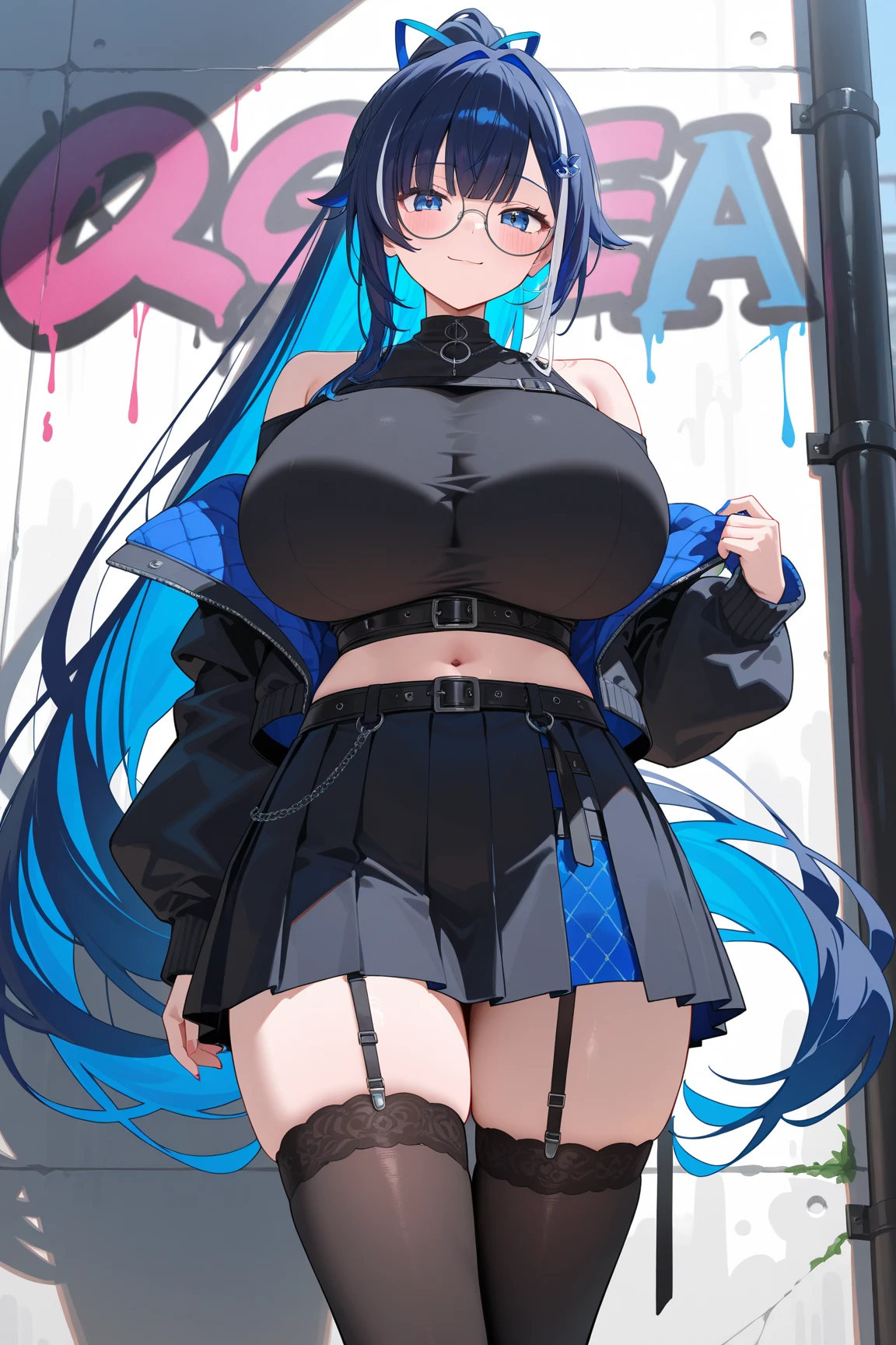 masterpiece, best quality, highres, aatsuna, long hair, multicolored hair, , animal hood, hood up, goggles on head, black collar, cleavage, striped , black shirt, torn clothes, black jacket, hooded jacket, long sleeves,  legs, standing, cowboy shot, outdoors