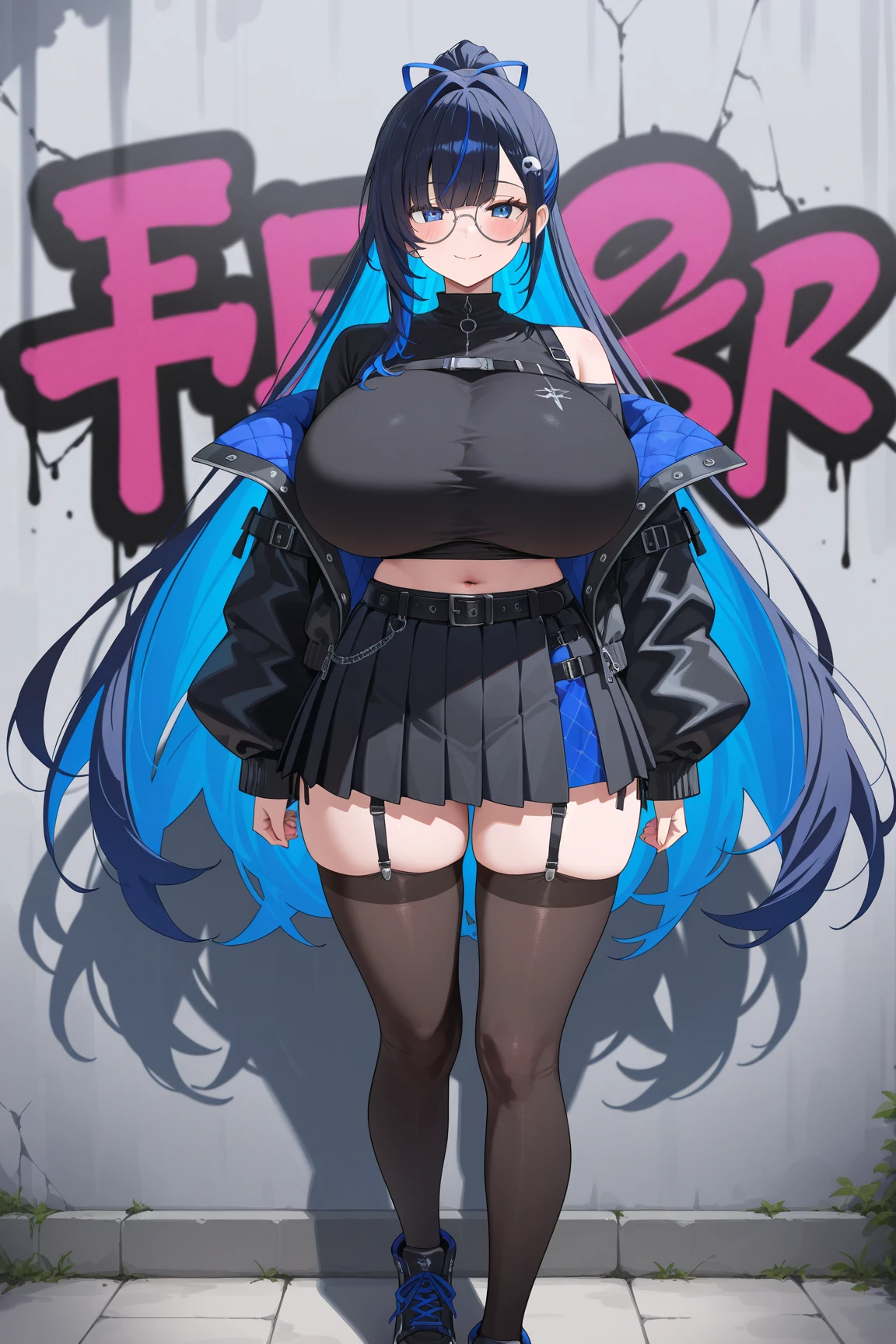 saori joumae, blue eyes, blue hair, halo, long hair, indoors, night, doorstuck, wide hips, thick thighs, stuckfront