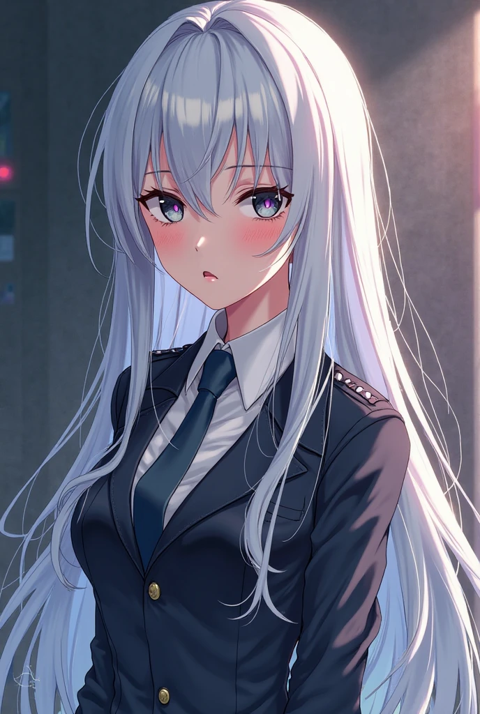 One Adult Anime Girl 2d Long Hair Loose light Purple-Grayish, Age Adulthood adult, she is leader, happy, Victorious,. Ropa de policía de alto nivel , jail background, white Scleriotica