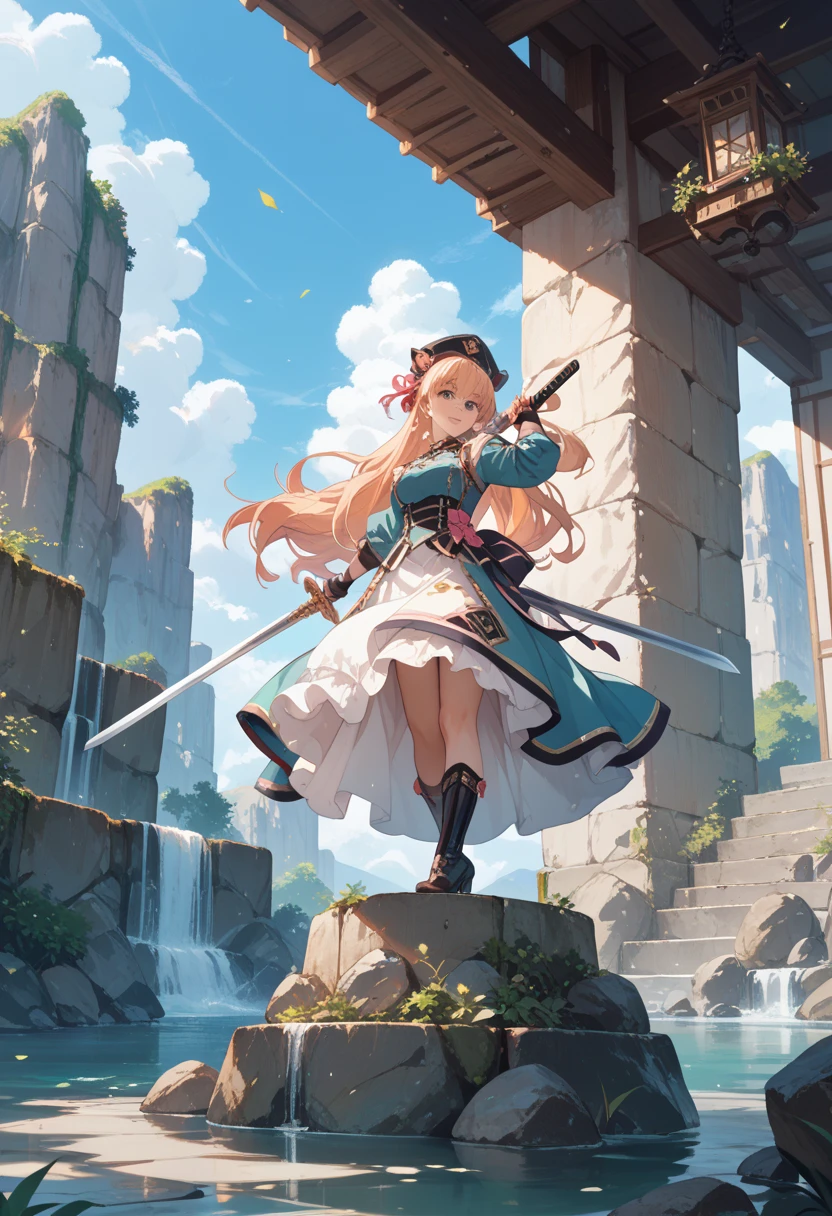Top quality. Painting by Akihiko Yoshida. Illustration. Character design. Woman. A world of swords and sorcery. Miniskirt. Squatting and legs open . Watching from below. --auto --s2