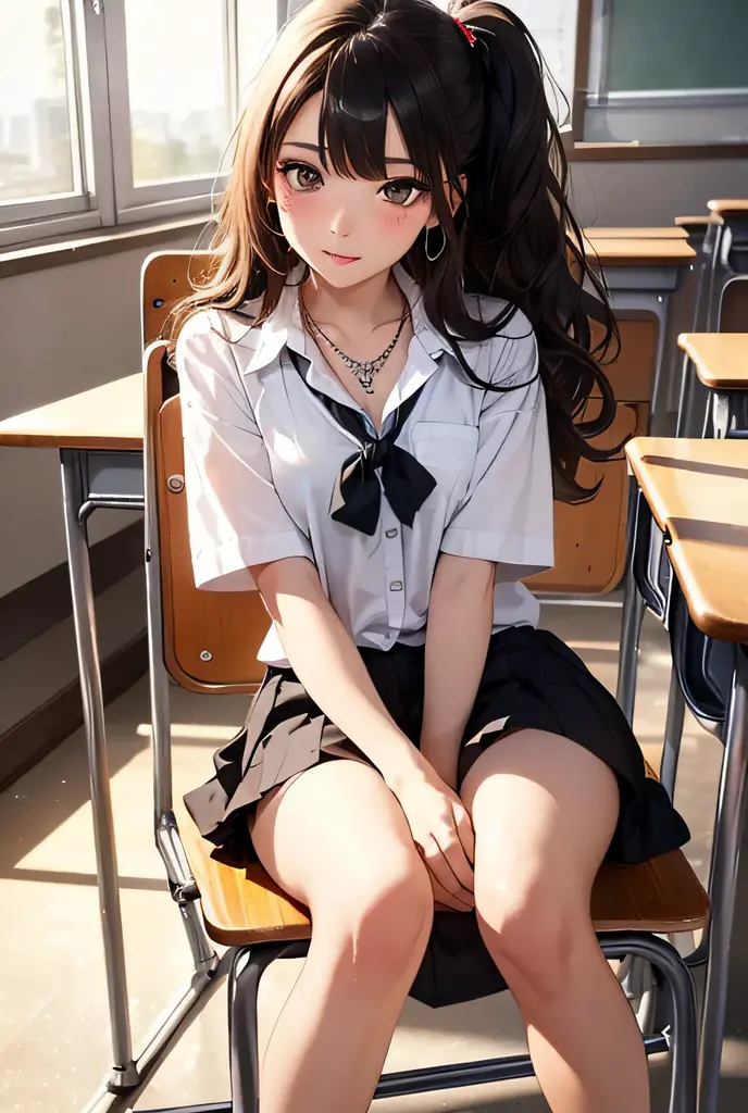 highest quality、cinematic lighting、brown skin、high school girl、smile、school classroom、black hair、spread your legs、spread your legs、