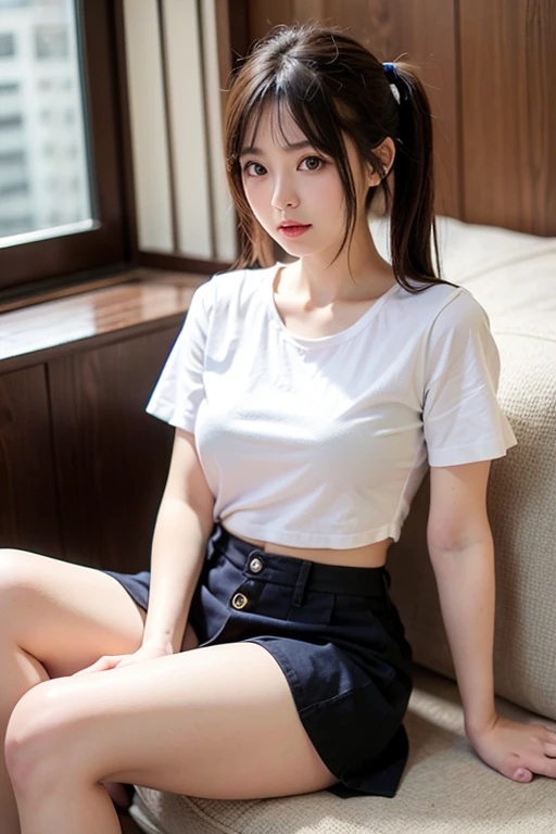 Soft Light, (((Medium Hair:1.3), Short bangs, Floating Hair NovaFrogStyle)), ((ultimate beautiful wife)), 20th Generation, Detailed eyes, (Big eyes:1.3), Lip details, Very detailedな顔, Beautiful and detailed nose, Long eyelashes, ((Big and ample breasts)), Realistic face, Realistic body, Beautiful thighs, (Transparent T-shirt:1.3)、(Blue tight micro mini skirt:1.4)、The chest is wide open、You can see the whole body up to the toes.、stockings、(Sitting cross-legged:1.3), With background:((Cafes in Ginza, Tokyo))、(RAW Photos, highest quality), (Realistic, Photorealistic:1.3), Very detailed, A light smile, Very detailed, High resolution
