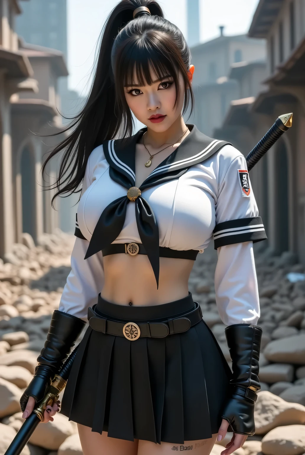 ((Wearing a sailor uniform)). ((Sailor uniform that doesn't expose the navel)).
A villainous woman wearing a sailor uniform and carrying a long sword in battle.
Background is a destroyed city.
Super beautiful Japanese woman, villainess, looks like a intimidating dominatrix, condescending gaze, staring at the viewer, makeup, long false eyelashes, eyeshadows, eyeliners, light red lips, short high ponytail.
Glamorous body, big breasts.
Highest quality, masterpiece, colorful to keep.
