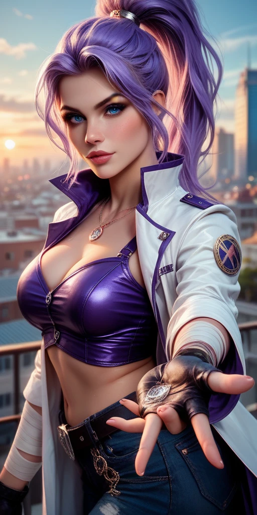 gwen tennyson,yorha 2b,akali,mordred,tracer, samus aran,overwatch,atelier ryza,close up,yakuza mansion,dragon tattoos,violet and gold plugsuit,white short sleeve formal blouse,formal violet vest,black formal tie,light gray short sleeve formal long coat,light gray formal pants,short punk hair,punk makeup,green eyes,multicolored silver hair, cyborg gloves,sexy smile,freckles,beautiful girl,cyborg high heels,large breasts,8k,ultra detailed,realistic,fantasy art,hair pin,wet body,ear piercings,(weather:rainy),1girl,gold neck, hand, waist and head jewelry,gold cyborg guns,
