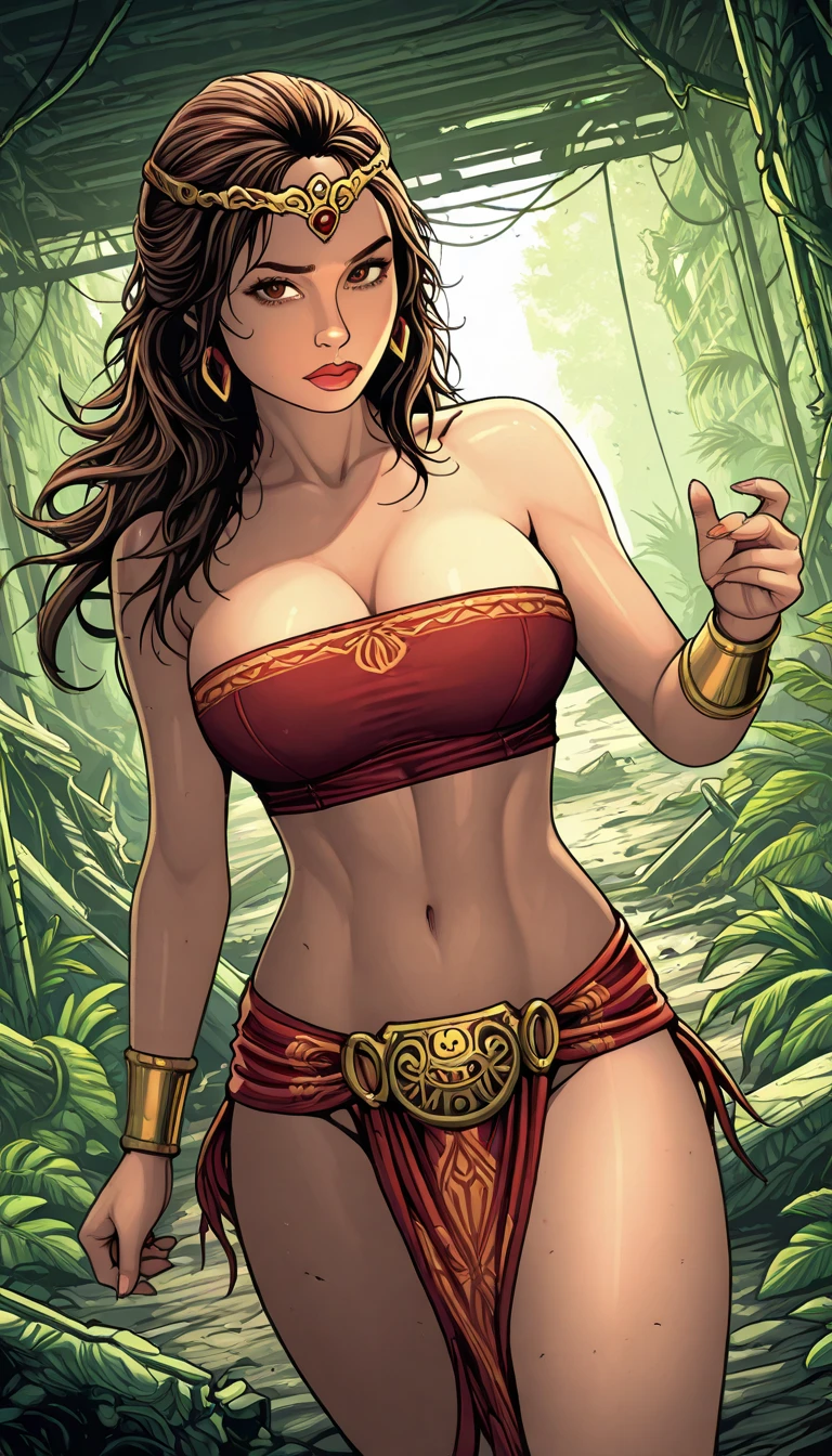 (masterpiece, top quality, best quality, official art, beautiful and aesthetic:1.2), (1girl:1.3), dark brown hair pulled back, in an untidy mane, braids, extremely detailed, portrait, looking at viewer, solo, (full body:0.6), detailed background, close up, sweaty, sweating, ((facepaint, tribal tattoos)), (warm summer desert theme:1.1), busty human Aztec war queen, elegant face, long face, charlatan, smirk, mysterious, walking in jungle, revealing Aztec attire, ornate jade Aztec armor, feathers in hair, feathered armor, bare midriff, brown leather, fur lined clothes, long boots, buckles, straps, pouches, maquahuitl and shield, tan fabric, brown leather, ((((gigantic breasts, skindentation, cleavage)))), muscular, strong, slim waist, slim hips, long legs, muscular legs, medieval (jungle exterior:1.1) background, dark mysterious lighting, shadows, magical atmosphere, dutch angle,