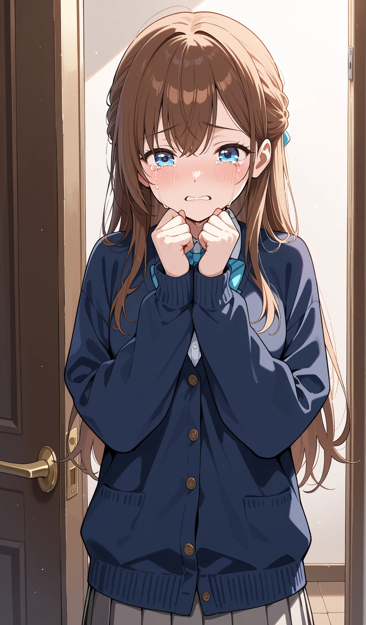 masterpiece、high resolution、highest sensitivity、girl、whole body、standing alone、light blue dress、looking down and feeling shy、blush