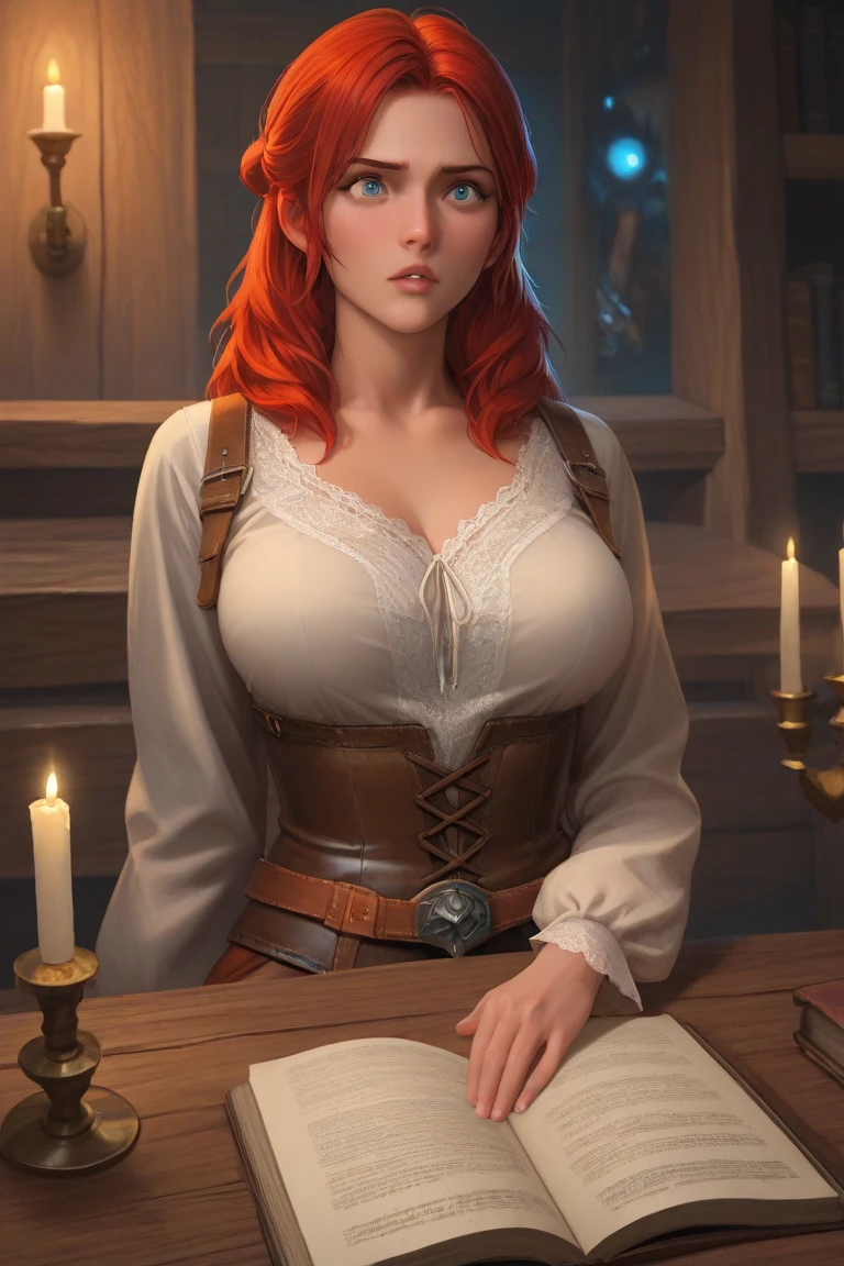 Beautiful, curvy ginger-haired dwarven woman in her 30s, with green eyes and striking features, exuding maturity and allure in a seductive pose against a dark red background. She has a short stature and a chubby build.