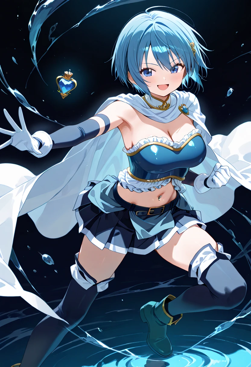 masterpiece, best quality, ultra-detailed, illustration, beautiful detailed eyes, ecstasy, happy, blush, looking at viewer, pillars of purple fire, Feeling magical energy, both hands on own face, dark persona, evil smile, Leading a ritual, aurora, wasteland, , beautiful art, high res, perfect face, detailed outfit, Dark Mercury, Mizuno Ami, blue hair, dark blue eyes, dark blue sailor collar, white leotard, black chain around the waist, black and blue bow on the chest and on the back, white elbow gloves, blue skirt, high-knee boots