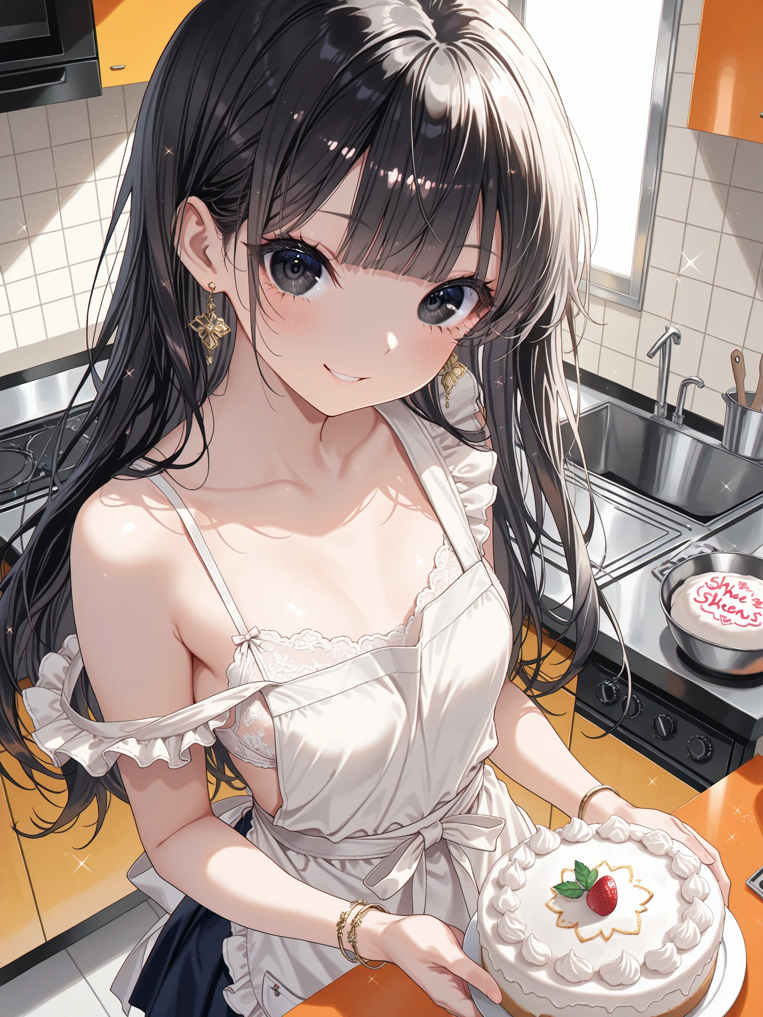 (Best quality, 8k, 32k, Masterpiece, UHD,:1.2),RAW, 1girl,ultra cute , natural lighting,transparent shining eyes, 20yo,medium breast ,fair complexion ,flushed face, dynamic angle, naked apron, (ecstasy:0.8) ,embarrassed, blush, at kitchen