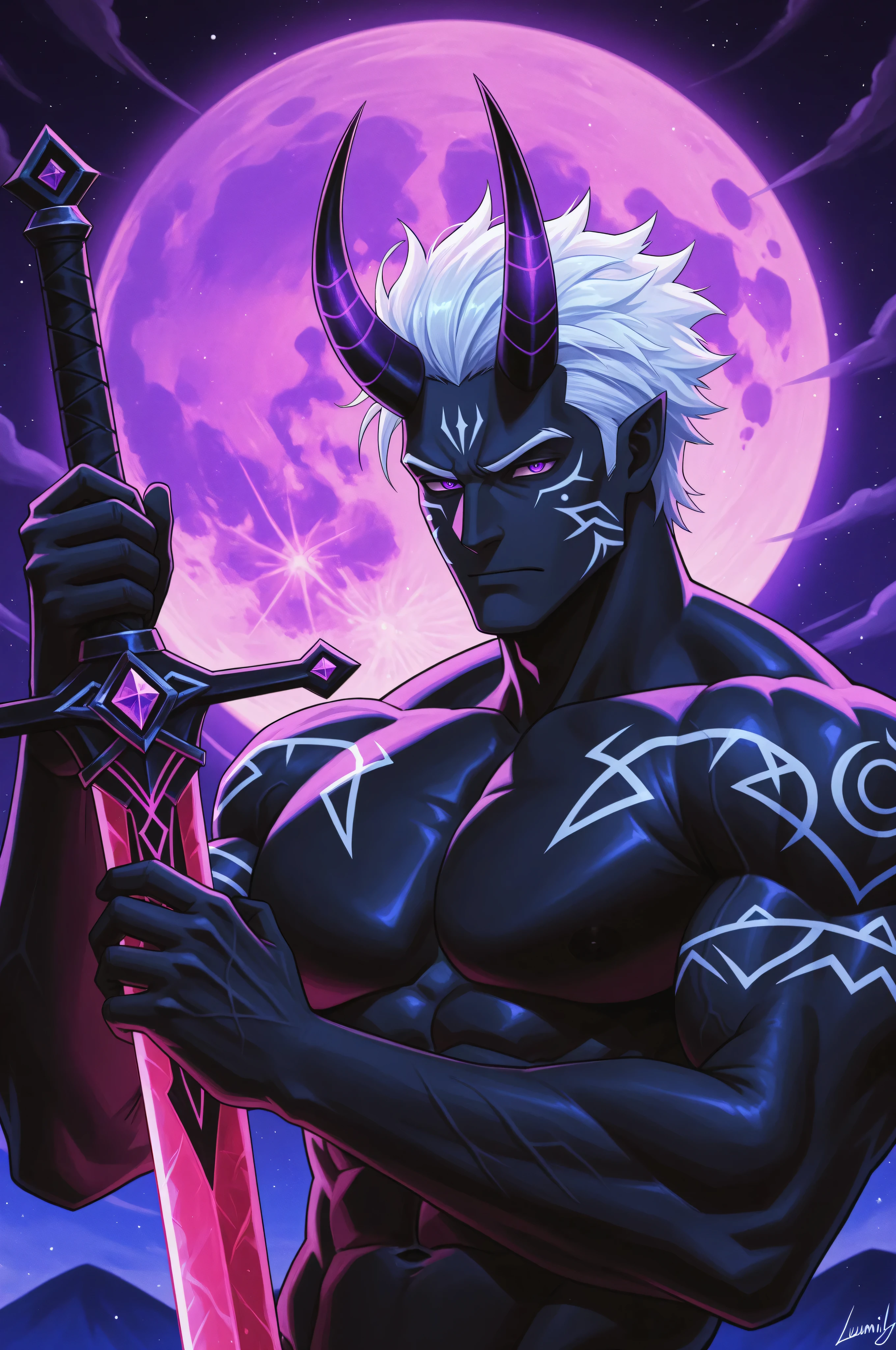 1boy,solo,flora_humanoid, male, black skin, short hair, neatly combed hair, white hair, purple eyes, tribal markings on his cheeks, luminescence,Large pectoral muscles,A huge purple moon,(The crooked horns of the devil-goat:1.5), Holding a sword in one's hand,fighting stance,dynamic,Half-body portrait,Waving a sharp sword,A mature face,The crooked horns of the devil
