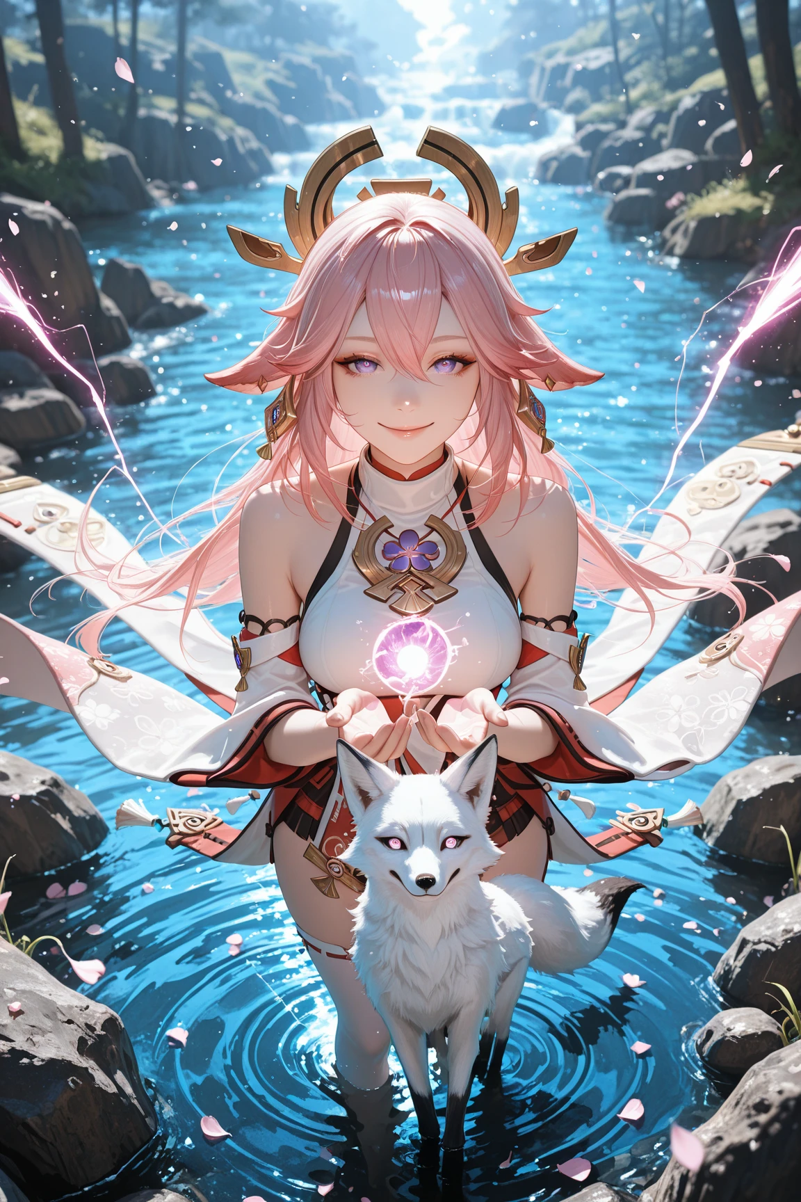 best quality, masterpiece, highres, 1girl,female,solo, mature female,yae miko, 1girl, \n/, animal ears, bare shoulders, blush, breasts, cherry blossoms, closed mouth, detached sleeves, earrings, flower, fox ears, gem, hair between eyes, hair ornament, japanese clothes, jewelry, kimono, long hair, medium breasts, miko, nontraditional miko, pink eyes, pink flower, pink hair, purple gemstone, short kimono, sidelocks, smile, solo, upper body, white kimono, ((masterpiece)), ((fullbody)), standing near fox statue, sunset light, glowing sakura petals
