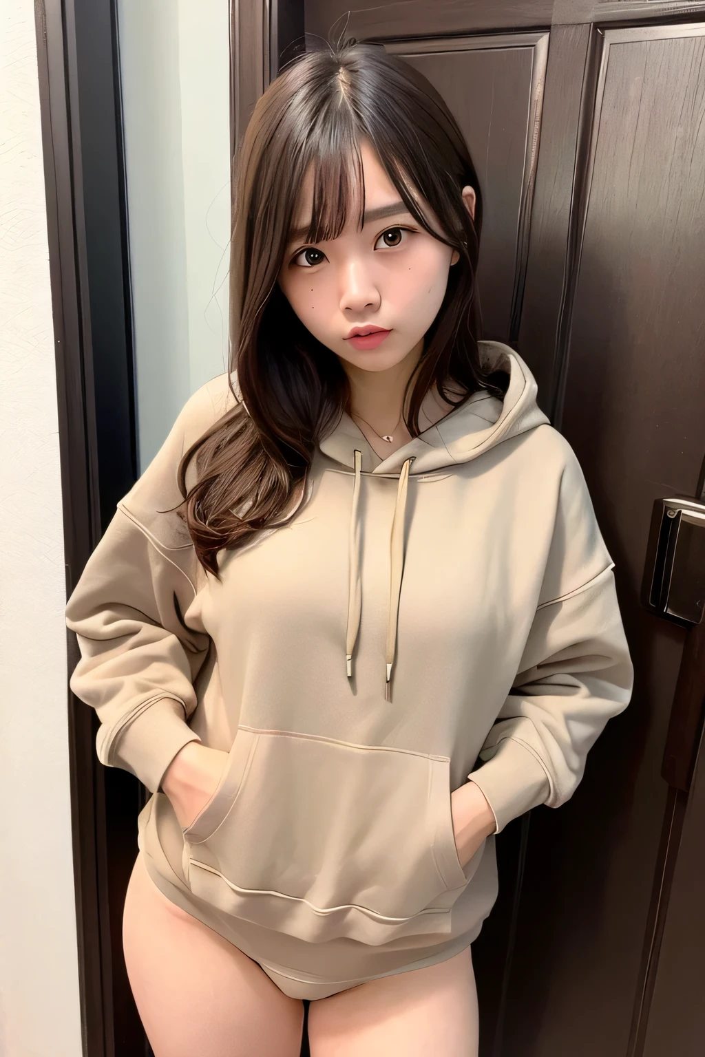 masterpiece, best quality, ultra quality, high quality, realistic, photo realistic,,natural lighting,(cinematic lighting:1.4),RAW photo, hyper detailed, intricate detailed, perfect anatomy, Fujifilm XT3, BREAK 1girl,Japanese,(slender abs:1.3),large hip,(camel toe:1.2),(Dark Blonde very short Bobcut hair over one eye with parted bangs:1.2), (smile:1.3),(blushing:1.3),teary eyes,(light gray sweat pants:1.3), ,(breast focus), (looking at the floor),( looking to the side),( looking at another:1.4), BREAK (in gymnasium:1.5),(indoor), (mideum shot), ,from front, standing,(no bra),(covered nipples),(braless),Oversized_hoodie,(braless),oversized_hoodie_e, ((hoodie:1.5)), long sleeves, BREAK (light gray hoodie:1.3),