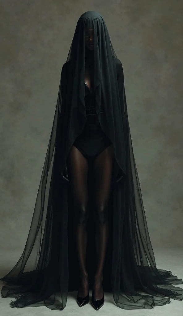 A beautiful black woman with her breasts covered by a viscous black liquid that runs down her body, some thin and translucent tulle fabrics in black color are flying around the woman, she has long black hair that is tied and wet, her body and face is wet, barefoot, large bulky and pointed breasts, posing for the camera, standing on the dirt floor in a dark and gloomy forest, full moon night, lots of fog in the background, photo with better quality, a masterpiece, sensuality and elegance, HD, photography taken by Sony R7 camera with 50mm Full frame lenses, f1.2 aperture, fantasy style