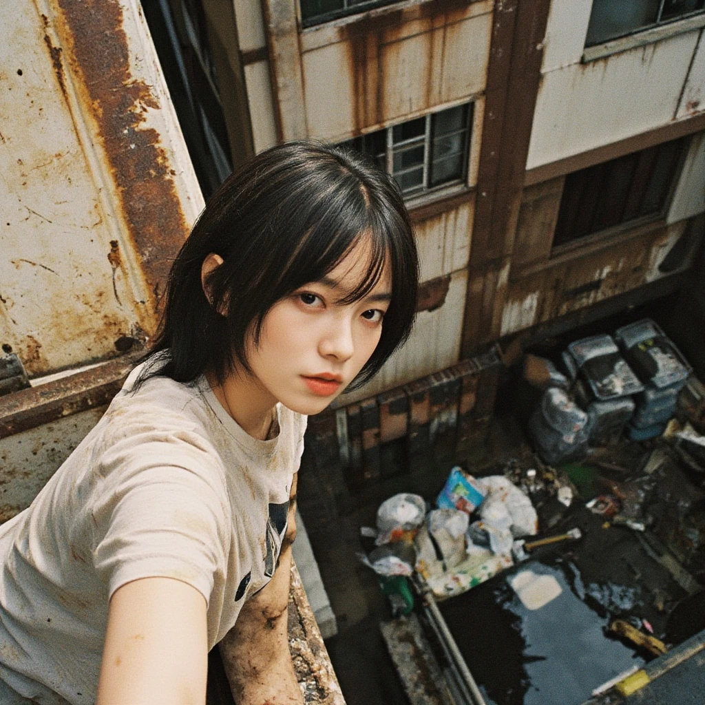 A Japanese Lady, look at viewr, ((very Short hair)), (((skinny:1.3)), 27-years old . day, Outdoors, Post-apocalypse, Ruins, ((see-through white t-shirt:1.2)), naked,