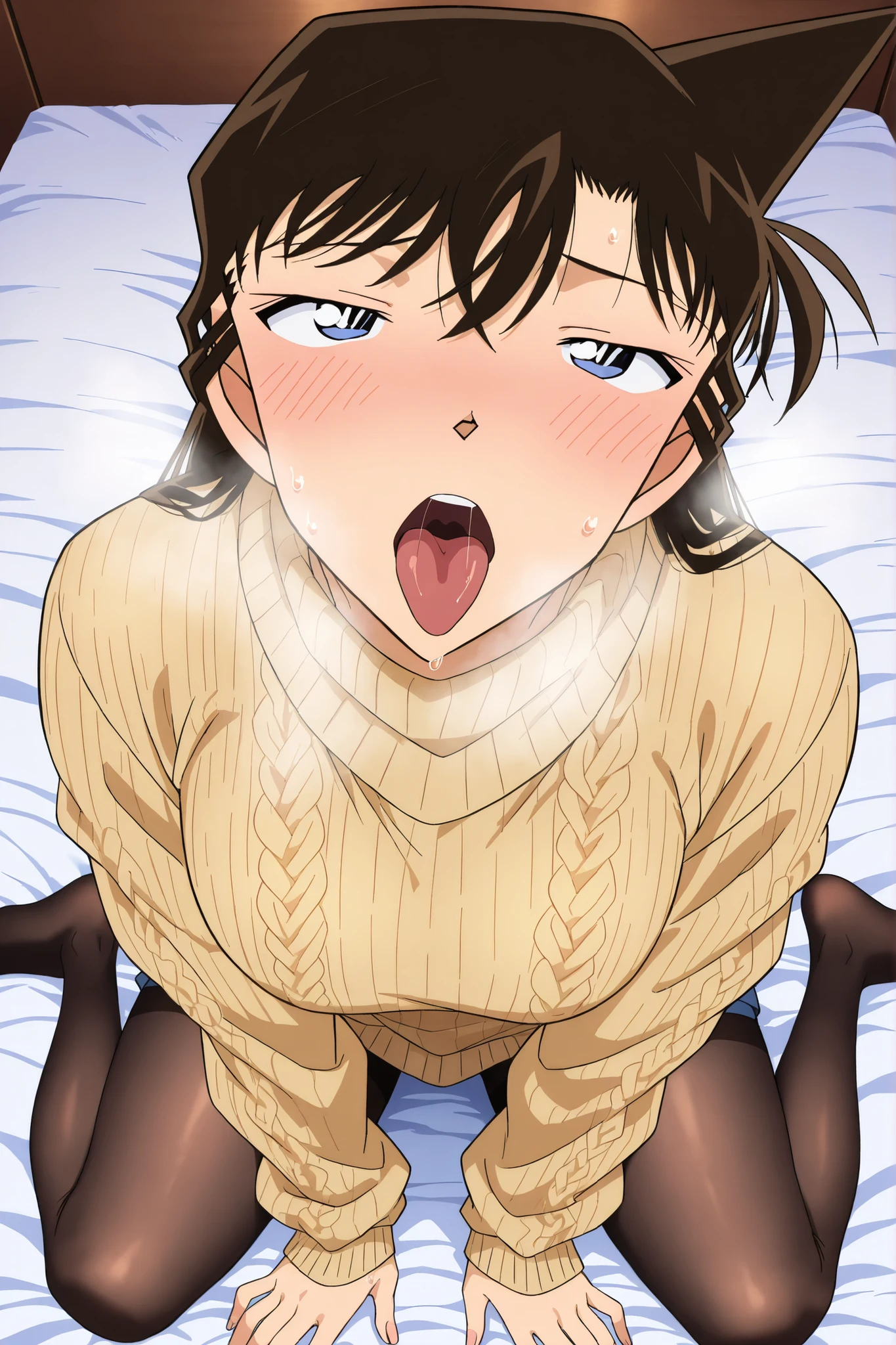 masterpiece,Best Quality,{{beautiful face and eyes}}, very detailed background,
solo, Mouri Ran,long hair,brown hair,light blue eyes, loose knit sweater,black pantyhose, lower angle, sweat, tongue out,very embarrassing , blush , steam ,sitting on bed, wariza, drolling, from above, focus on face,open mouth, half-closed eyes
