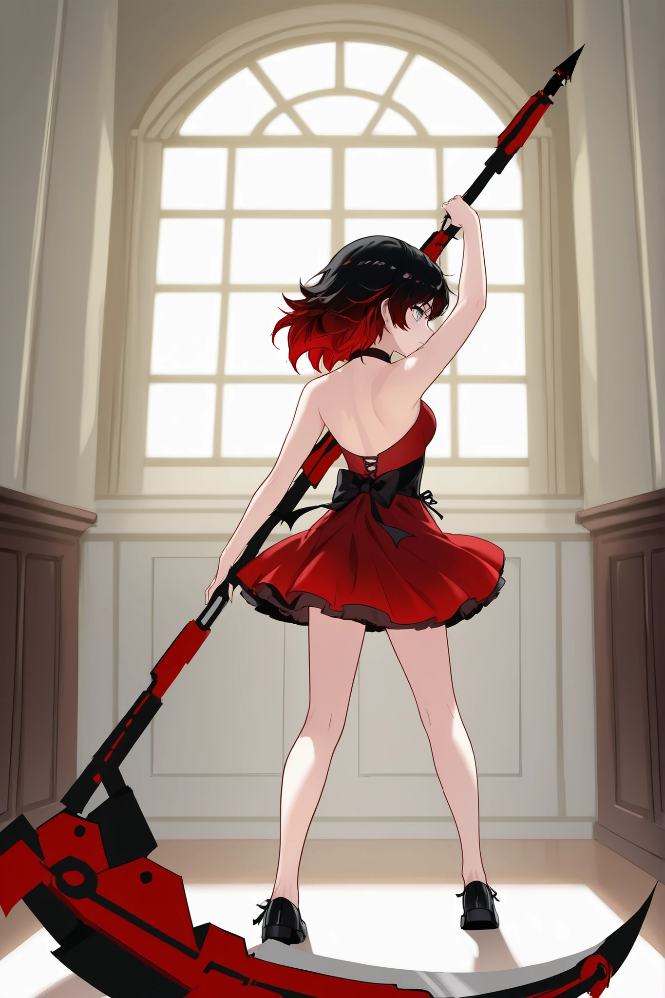 RWBY, Anime style RubyR0se, 1girl, black hair, red hair, two tone hair, silver eyes, red sleeveless dress, bare shoulders, black shoes, black ribbon, holding scythe, dynamic pose, school dance interior