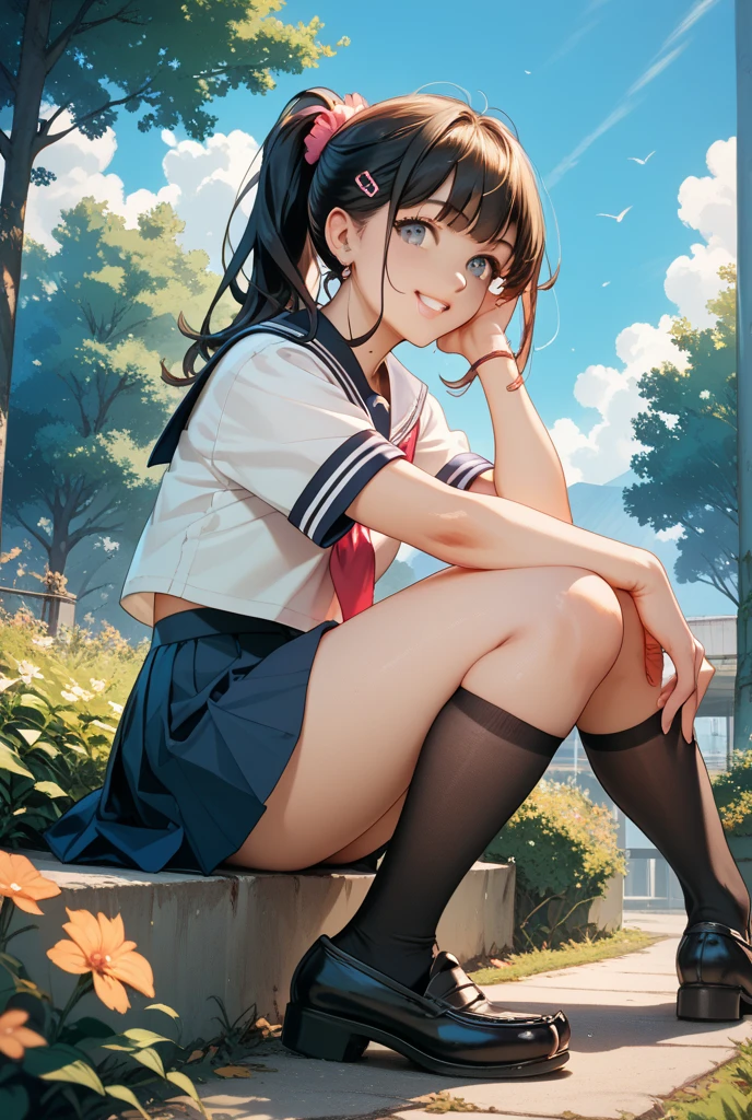 very cute and beautiful girl,(Very detailed美しい顔), (smile),blush,Black Hair,Seraphim,(Pleated navy blue mini skirt),Sitting,Spread your legs、(From below),(Lacy white panties), Stairs in the park、Distant Tree々and the city, (Highest quality,masterpiece:1.0),Absurd,High resolution,Super detailed,Very detailed,32k,8K resolution, Intricate details,Movie Scenes,Detailed Background,alone,Dynamic Angle,