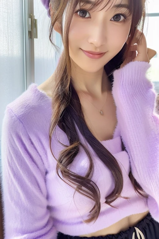 (masterpiece、8K、top-quality:1.4)、20yr old、femele、Natural makeup、(Daytime :1.5)、(She's by the window:1.3)、(Bright light coming in from the window:1.4)、(A bright light shines on her1.4)、(The background of the room is white:1.5)、(Detailed and realistic light and shadow:1.5)、(Me wearing a light purple mohair knit.:1.6)、(wearing a white miniskirt:1.5)、(Squatting:1.5)、(Doing a sexy pose:1.5)、(Light ash brown hair color:1.4)、Loose curly hair、Detailed skin、A detailed face、detailed hairs、A detailed eye、You can see cleavage、Looking at the camera、(Professional Writing:1.4)、The cutest face、Sharp jawline、(smil:1.4)、The legs are very beautiful、(Full body portrait:1.4)、(Angle from the front:1.4)、(Move your hands:1.4)、(The leg line is very beautiful:1.4)
