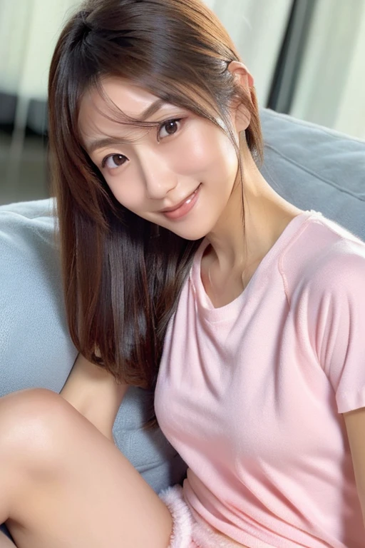 (1若い女の子very detailed美しい顔), great look and best quality:1.4), (super detailed), (very detailed CG 統合 8k 壁紙), very detailed, High resolution raw color photos, professional photography, realistic portrait, wonderful face and eyes, ((brown eyes)),（((big breasts))), (((Straight medium brown hair))), model, Depth of the bounds written, ,,put one&#39;s hand forward, ((smile)),33 years old,,(Fashionable earrings),(((stylish pink tank top)))),((Thin shorts)),get on your elbows,cleavage,足を開いてsit,,(((living room window at night))),((starry sky outside))(kitchen),(((spread legs))),((sit)),(((lie down)))
