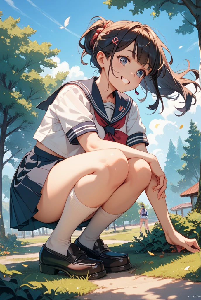 schoolgirl, Brown hair, Medium hair, Sailor suit, (Naked:1.1), (Blushing:1.0), Detailed face, Roadside, POV crouching,Expose the inside of your legs,Spread your legs