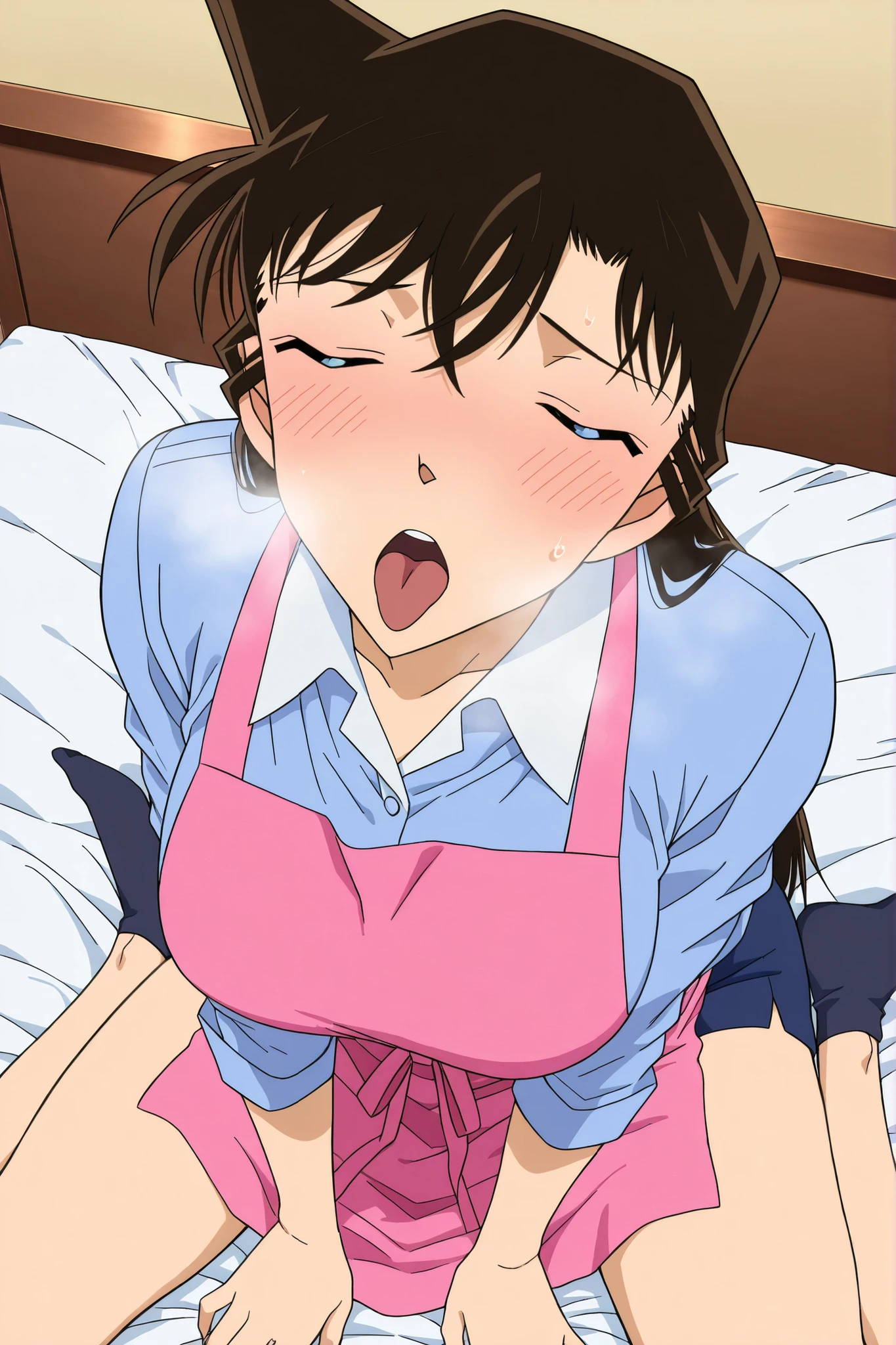 masterpiece,Best Quality,{{beautiful face and eyes}}, very detailed background,
 solo, Mouri Ran,long hair,brown hair,light blue eyes, bank teller,  teacher, pink apron, tongue out,very embarrassing , blush , steam ,sitting on bed, wariza, drolling, from above, focus on face,open mouth, half-closed eyes, knees apart