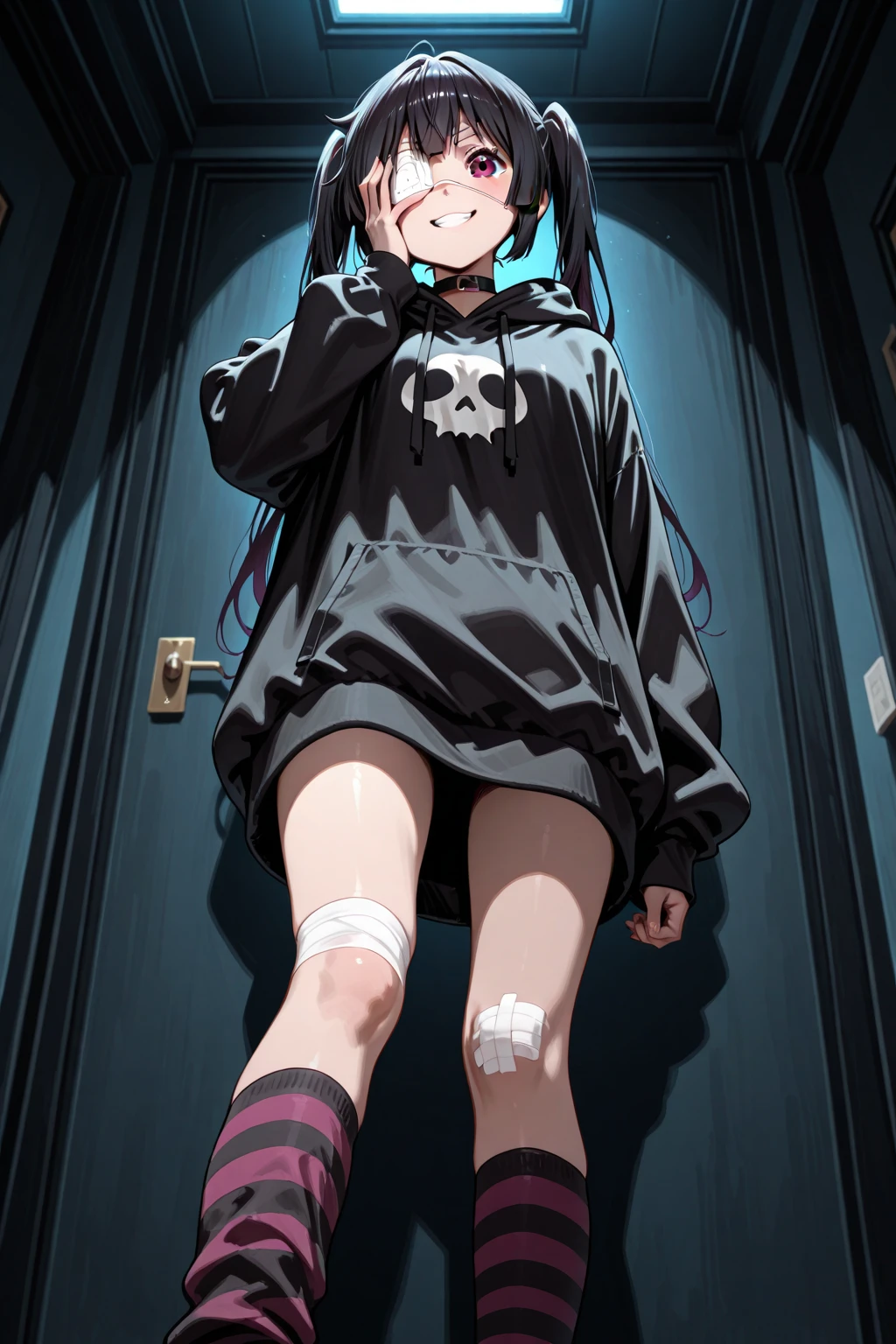 best quality, super fine, 16k, incredibly absurdres, extremely detailed, emo highschool girl opening the door of her private study room for you, looking at camera, emotionless expression, dark eye circles, punk fashion, long black hair, black collars, wearing black theme hoodie, full body, dim lights, (magnificent view:1.1)