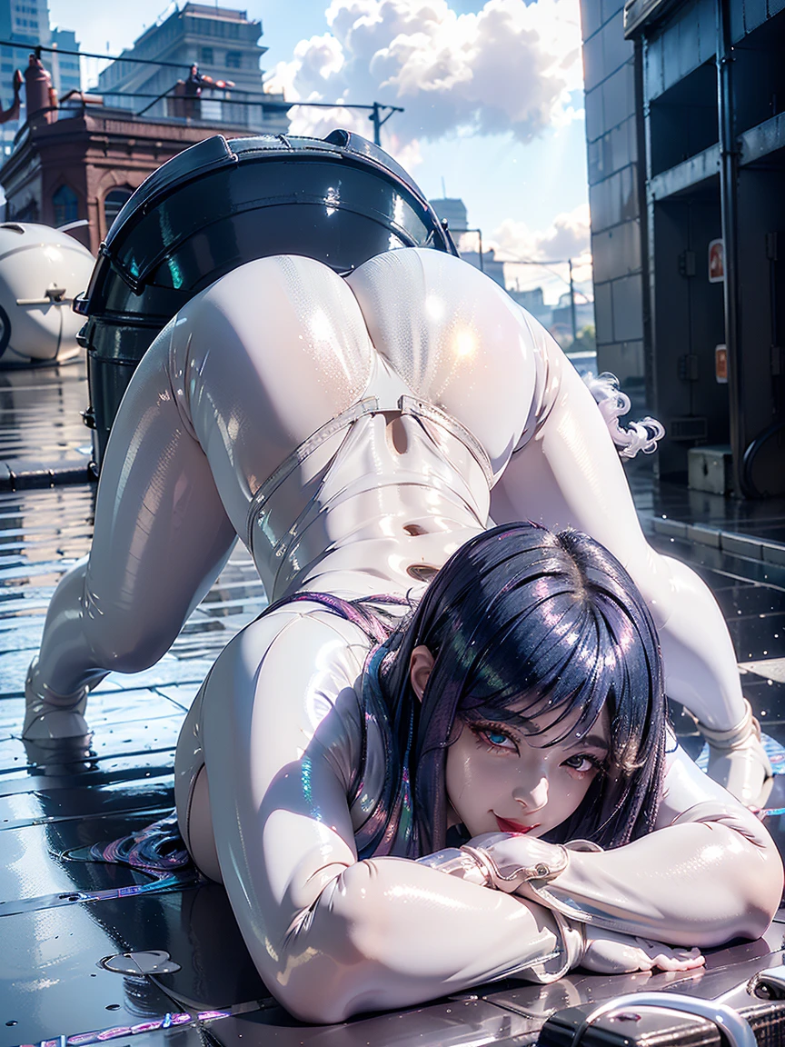 In 8K、超A high resolution、highest quality、Tabletop (Big Breasts、Toned body:1.2)((glossy white、Tight enamel rubber suit、Patent leather pants:1.4))(New York Buildings、Smoke from a manhole:1.5) (Long, straight, beautiful black hair:1.4)(Embarrassed expression、Big eyes、Clear double eyelids、Eyelashes:1.3)(Staring at the audience、Eye highlights、Light brown eyes、Pink Lip Gloss)Earrings、Stiletto heels、(Stick your butt out、Leaning forward:1.1)