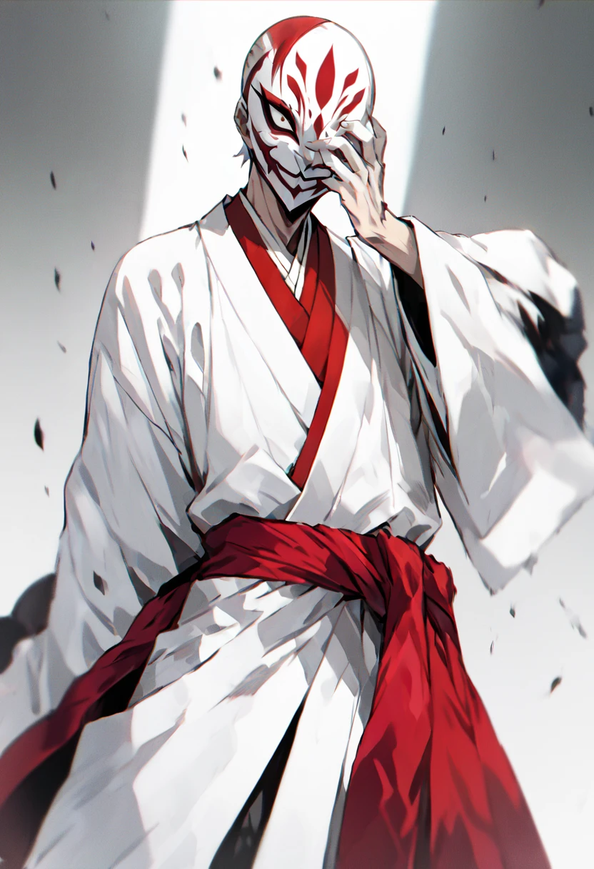 full-length, tall man, white robe, pumped-up body, pumped-up arms, cracks on the body, red smudges on the eyes, red cracks
