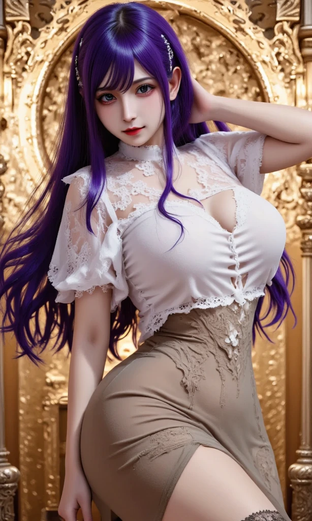 ((Full body image, standing, feet on the ground, front view, Saria/Woman with immensely large breasts)), she is wearing ((black costume with white parts/maid's outfit with maid's headdress on her head, extremely tight on her body)), looking at the viewer, red cheeks. She is in a hotel room with window, in front of the window, (curly purple hair too short: 1.2), (green eyes: 1.2), closed fists, anime, 16k, UHD, masterpiece, anatomically correct, textured skin, best quality, high details