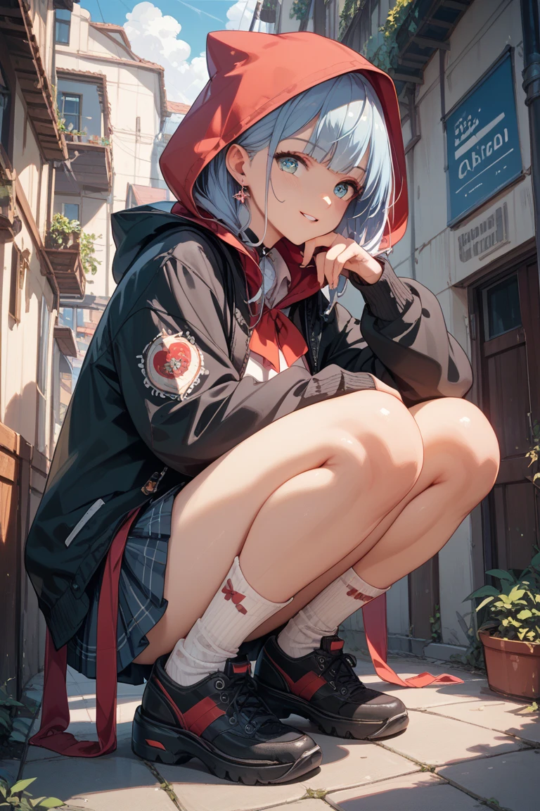 rezeroRem, Rem, blue eyes, Blue Hair, hair ornaments, Hair on one eye, hair ribbon, Long Hair, x hair ornaments,Baseball cap,Riders jacket Open front,red v neck t shirt,mini skirt,Black knee socks,short boots,Sitting leaning against a wall,rain,Cloudy,Hiding under a roof,whole bodyがイラストに入るように,
break outdoors, Alley,
break looking at viewer, whole body,
break (masterpiece:1.2), Highest quality, High resolution, unity 8k wallpaper, (figure:0.8), (Beautiful attention to detail:1.6), extRemely detailed face, Perfect lighting, extRemely detailed CG, (Perfect hands, Perfect Anatomy),