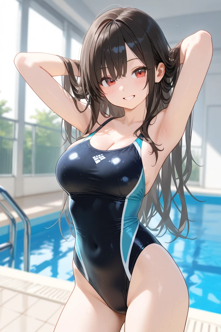 symboli rudolf \(umamusume\), one piece pink swimsuit, large breasts, thighs, swimming pool, (soaking wet:1.2), smiling
