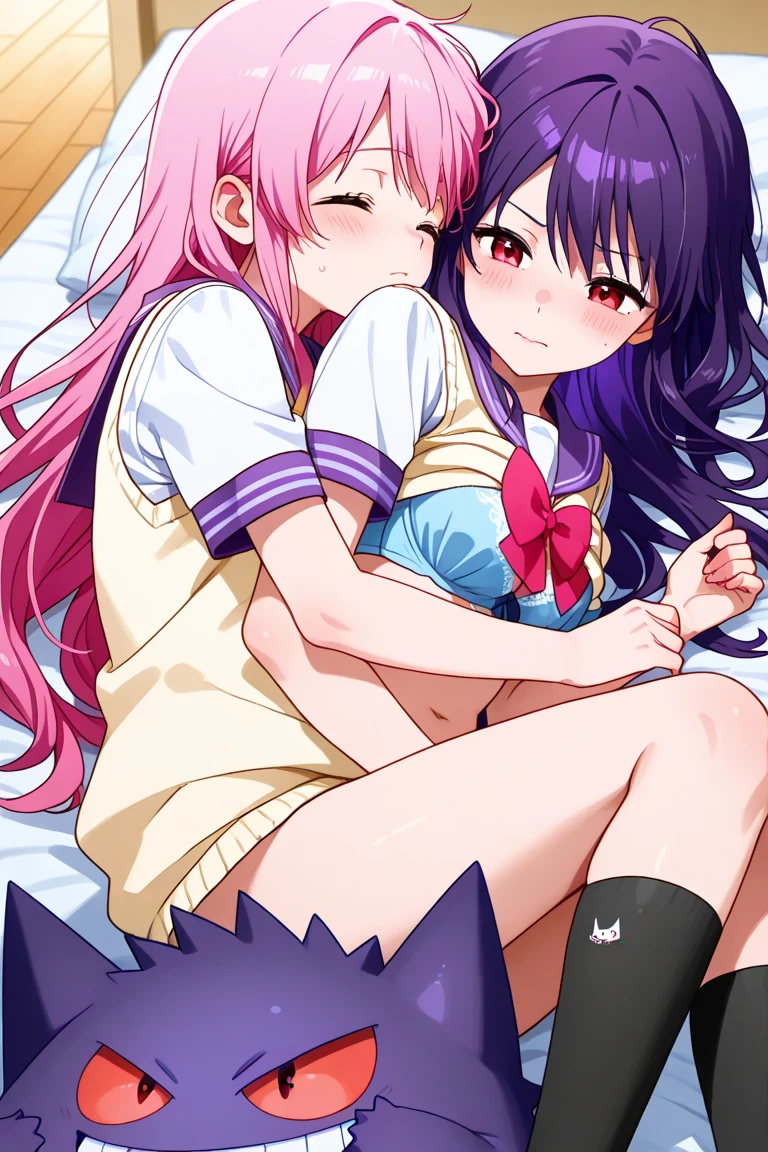 (ultra-realistic:1.2), (heart-shaped pupil:1.4), (grabbing breasts:1.3), (petite body:1.3), 2 girls, ahegao, rolling eyes, tongue out, serafuku, nude, beautiful detailed eyes, beautiful detailed lips, smile, saliva dripping from their tongues, solo, sweat glistening on their skin, drooling, intense facial expressions, pink blush on their cheeks, flushed skin, long flowing hair, white background, soft and delicate lighting, nipples fully exposed, orgasmic poses, spread legs, gaping pussy orgasm, teasing and seductive atmosphere, cat ears, cat tail, long midnight purple hair, long pink hair, long white hair.