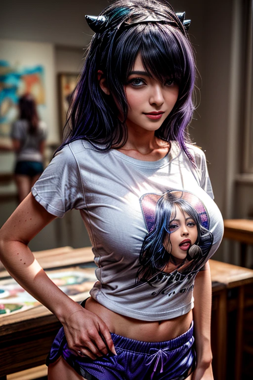 (Tamara Taylor steht in ihrem Maler-Atelier), ((schwarzes nasses Bodypainting)), (fotorealistisch), (Raytracing), (scharfer Fokus), There are splashes of paint everywhere, ((small round breasts)), ((Cameltoe)), ((Warts of the breasts))