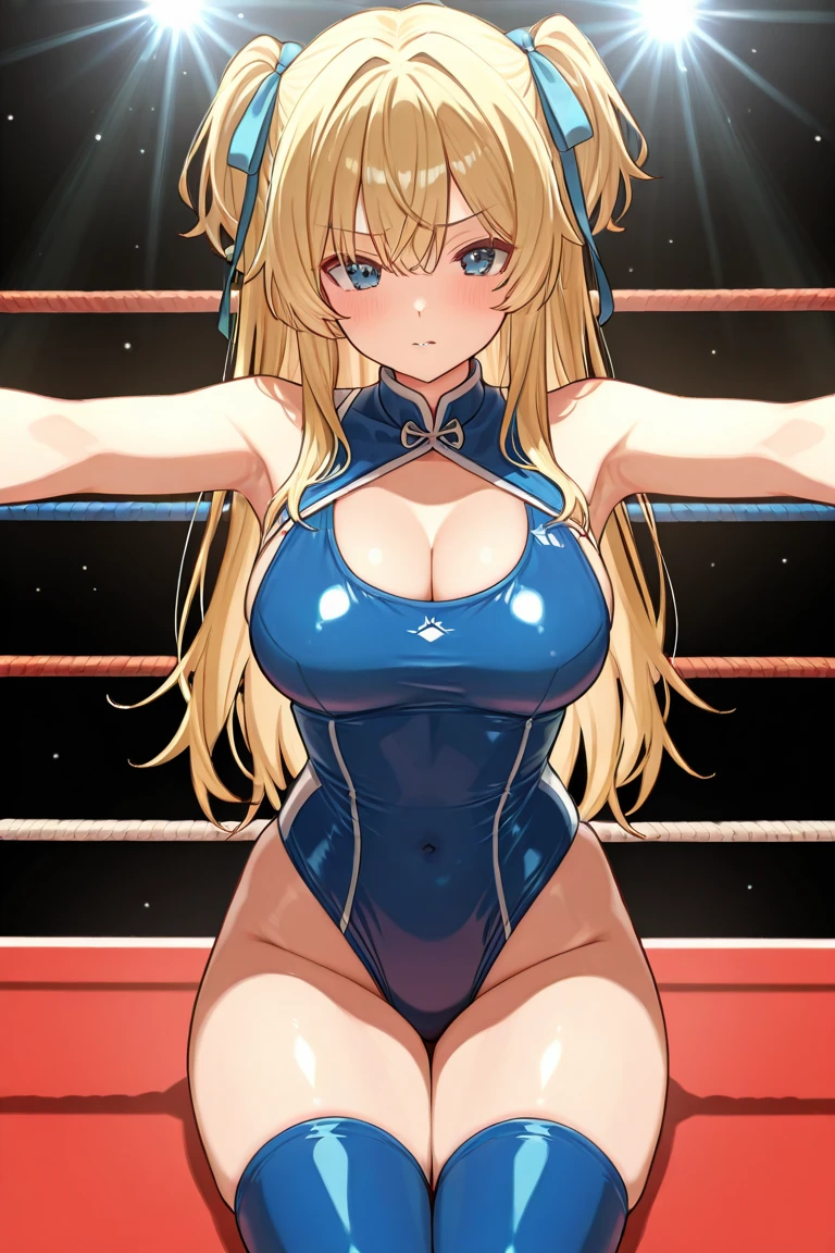 men and women ,expensive,170cm、 (Boxing Ring、Spotlight、A large number of people、Stadium), 、(have confidence々face、笑face)、Long Hair、They hesitate,Sweaty body、Wet Hair, Underarm, Big Breasts , (expensive色彩彩度:1.0), (Very detailed肌), (Highest quality:1.0), (Ultra-high resolution:1.0) ,(Realistic:1.0), (Very detailed:1.0), (8k, RAW Photos:1.1)、Are standing、Sailor Moon Outfit、Blonde