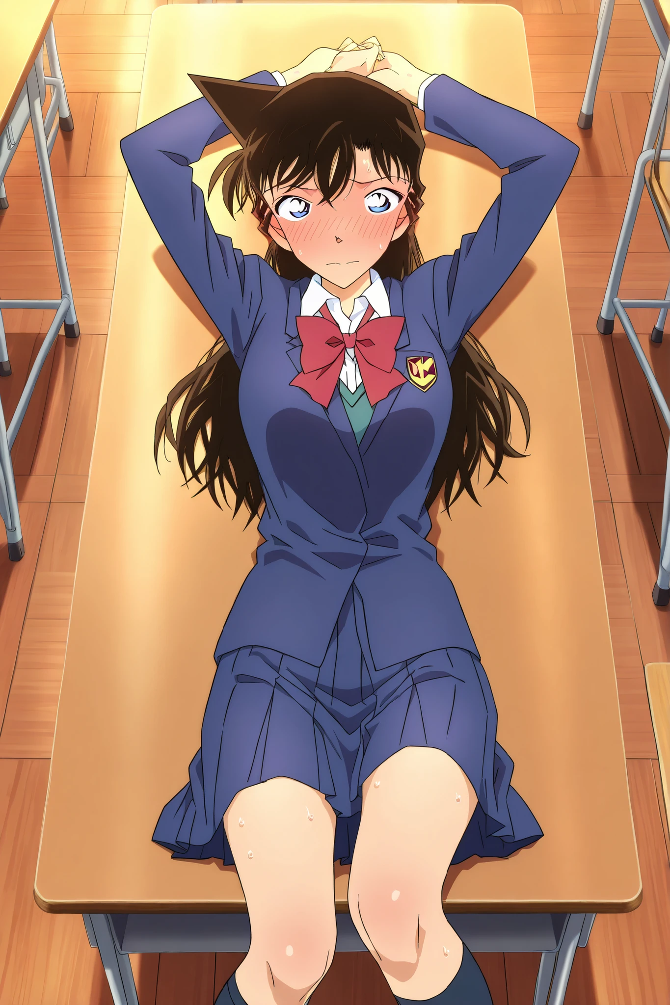 masterpiece,Best Quality,{{beautiful face and eyes}}, very detailed background,
solo, Mouri Ran,long hair,brown hair,light blue eyes, classroom, desk, wooden floor,( lying, on back:1.2),arms up, kneehighs, red bow, school uniform, (embarrassed,blush:1.3),cowboy shot half-closed eyes, ((sweat))