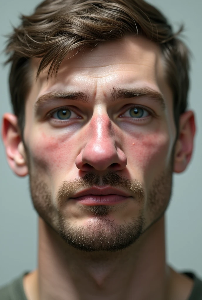 The man has an angular face with a strong, well-defined jawline. His skin is fair, with freckles scattered across his nose and cheeks, typical of someone with red hair. His hair is a vibrant red, slightly wavy and thick, cut short on the sides and a bit longer on top, where he usually styles it back or to the side. His eyebrows are thick and a darker shade of red, well-aligned and arched. His eyes are blue, with a deep and captivating hue, almond-shaped, surrounded by short, light-colored eyelashes. His gaze is penetrating and confident. His nose is straight and proportionate to his face, with a slightly elevated bridge. His lips are medium-sized, with a defined contour and a natural rosy color. When he smiles, he reveals white, well-aligned teeth, and a smile that conveys warmth and friendliness. His ears are medium-sized, slightly set away from his head, with small, discreet lobes. His skin has a smooth texture but is sensitive, prone to redness and sunburn. He usually maintains a short, well-groomed beard, the same red color as his hair, which further highlights the freckles on his face. In terms of clothing, he prefers a casual style, often wearing flannel shirts, jeans, and boots, which match his rugged and practical appearance. A thin, discreet scar crosses his left cheek, adding a touch of history and mystery to his appearance. He generally uses little or no makeup but takes good care of his skin with moisturizing products to prevent dryness.