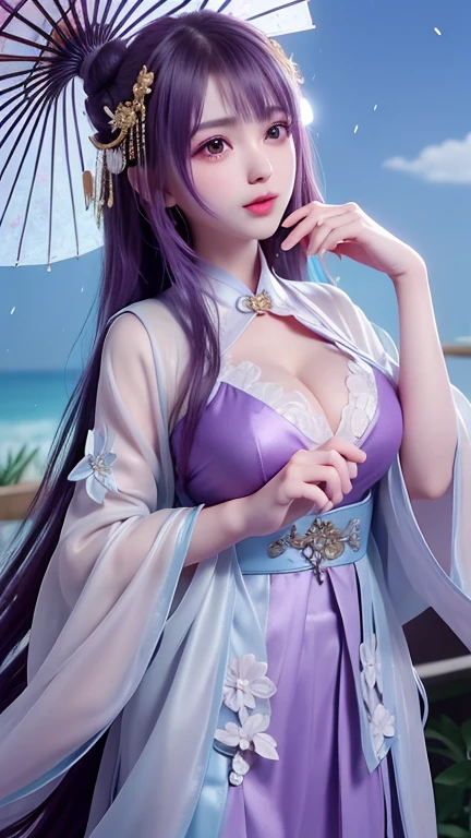 masterpiece, best quality,multiple girls, breasts, 2girls, little girls,yae miko, raiden shogun, purple eyes, pink hair, japanese clothes, purple hair, large breasts, long hair, cleavage, hair ornament, thighs, purple kimono, thighhighs, bangs, animal ears, detached sleeves, fox ears, wide sleeves, kimono, moon,, braid