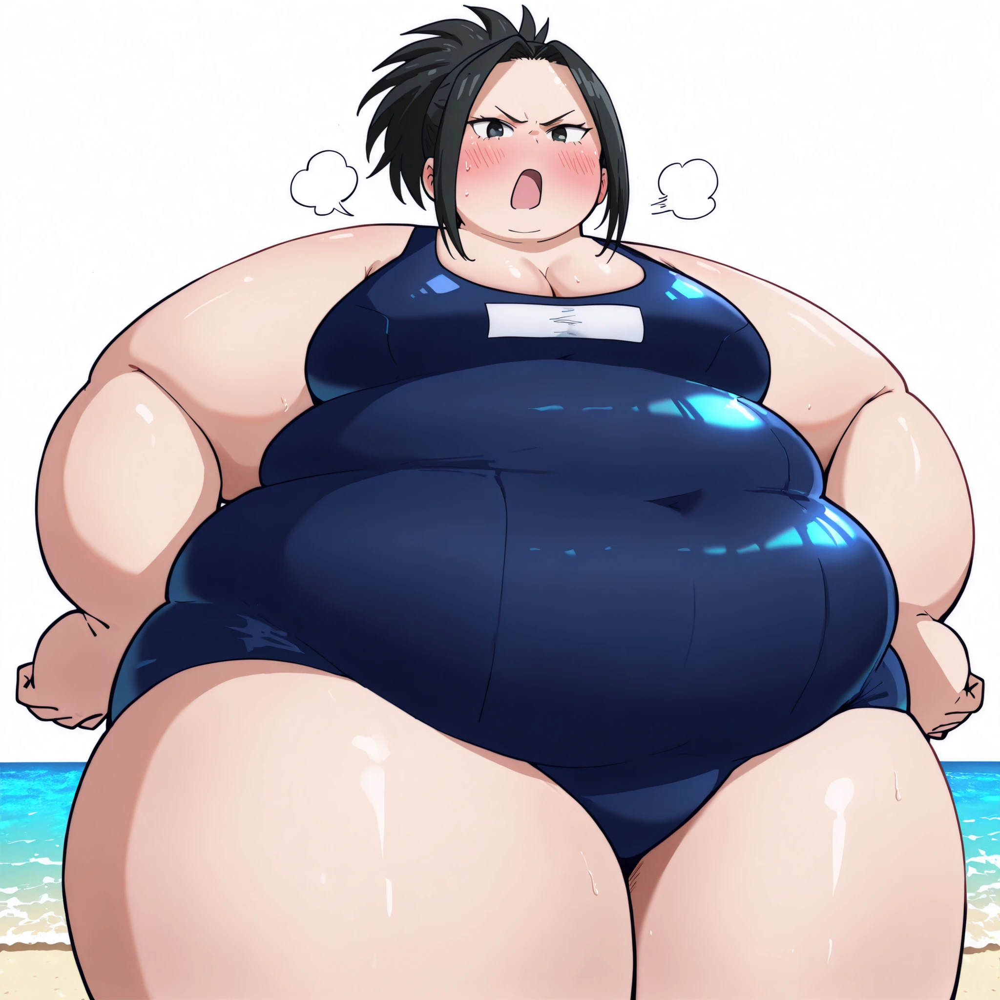 masterpiece,best quality,{{detailed beautiful face and eyes}}, very detailed background,
Momo Yaoyorozu,,black hair, ponytail,parted bangs,sidelocks,black eyes,
((school swimsuit,cleavage)),
solo,1girl,(is angry, blush,closed mouth:1.0),
((standing,cowboy shot,looking at viewer:1.2)), from below,
(beach:1.3),clothed fat, chubby, obese, gigantic arms and legs, large breasts open mouth, out of breath