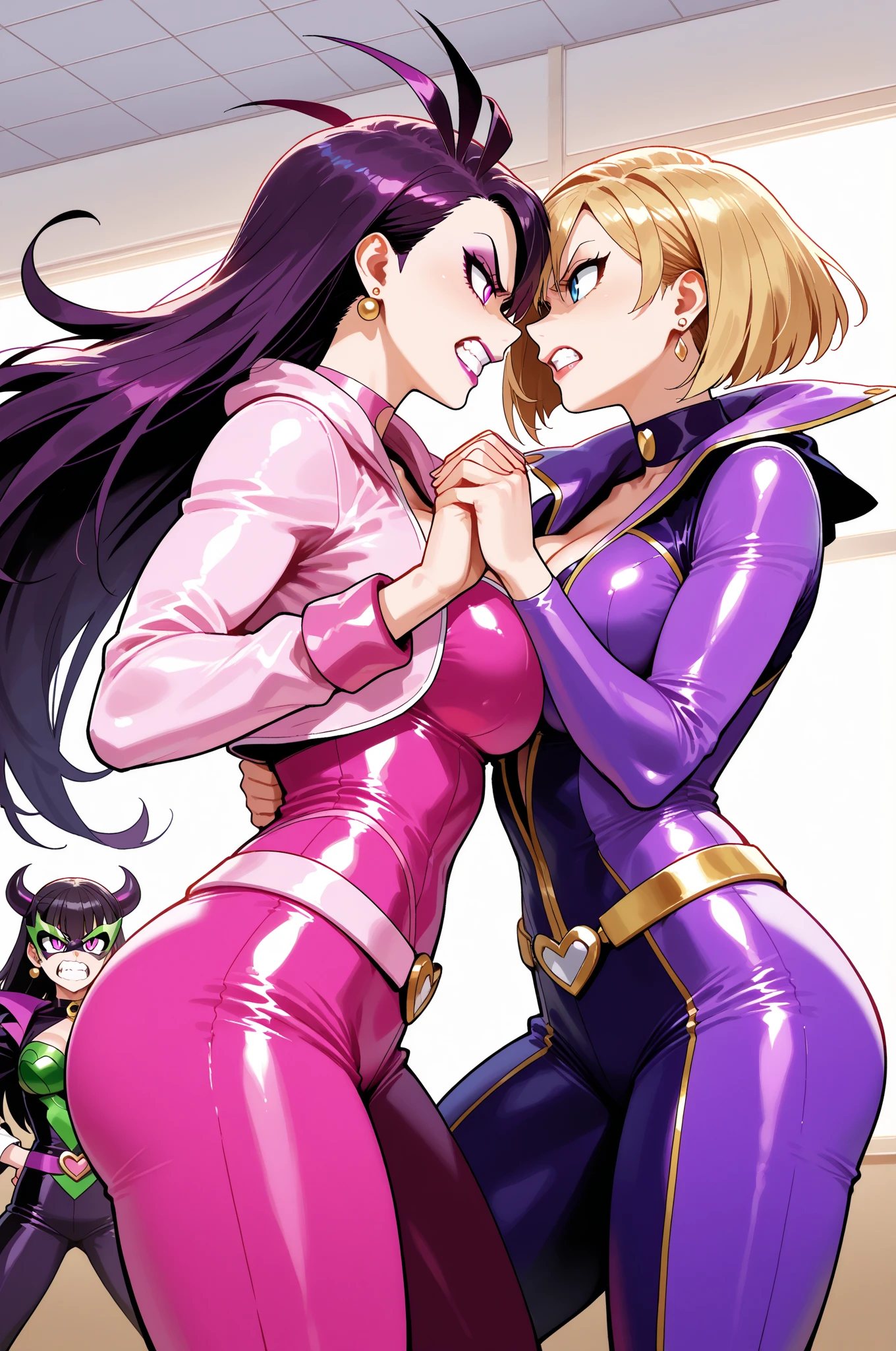 (Jim Lee art style), (human), (Lesbian Couple:1.3), (kneeling next to each other:1.2), (fingering body side from the side:1.2), on a bed, (kissing each other), (highly detailed:1.4).