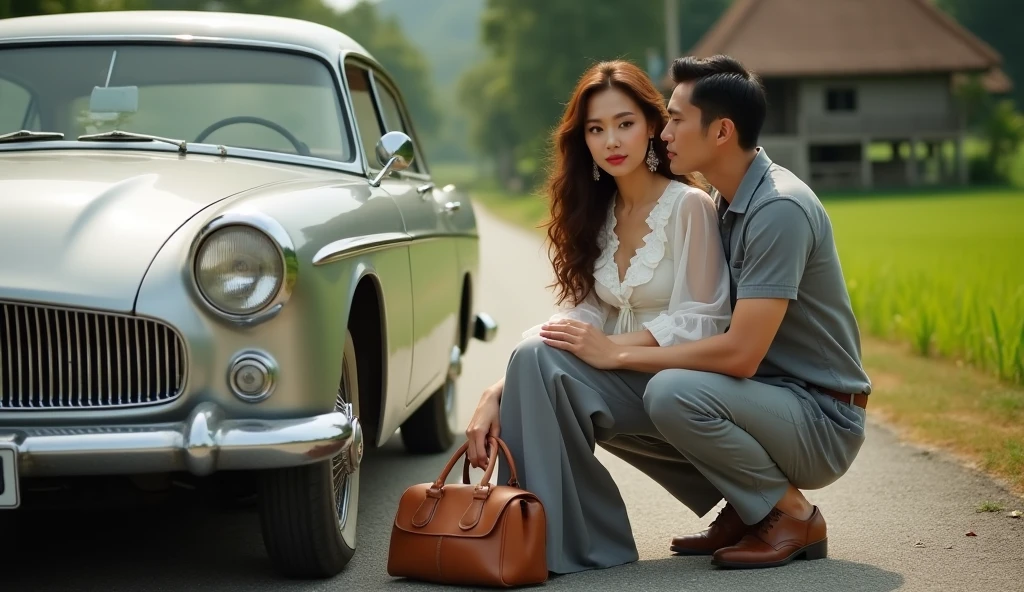 Burmese couple shopping in front of a mall with people entering the mall in the background car all