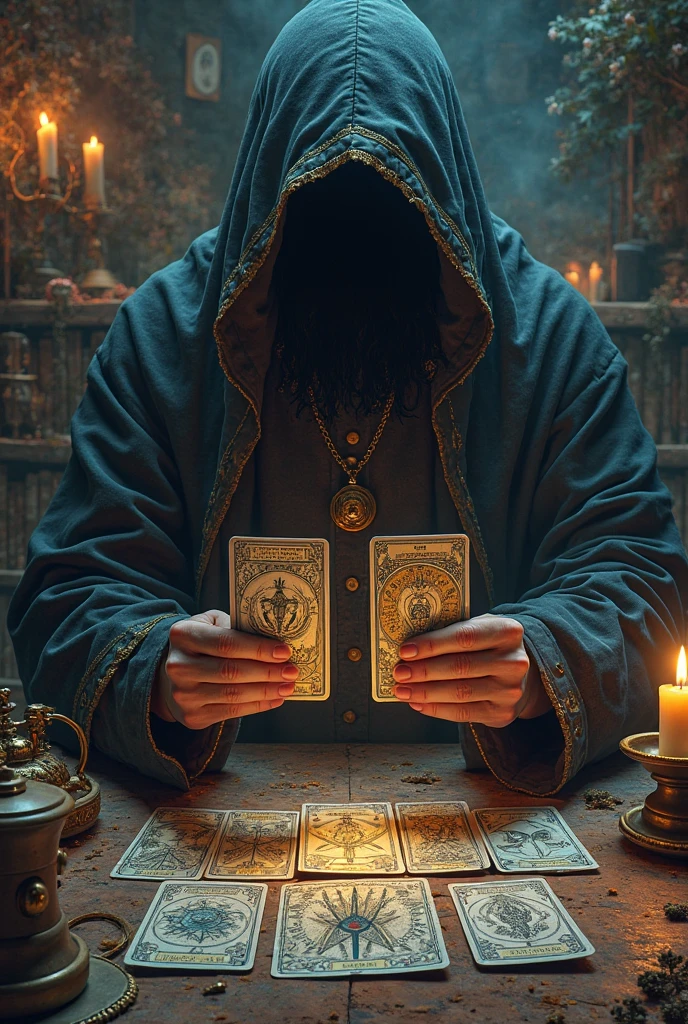 A photo of a fortune teller laying out tarot cards on a table.