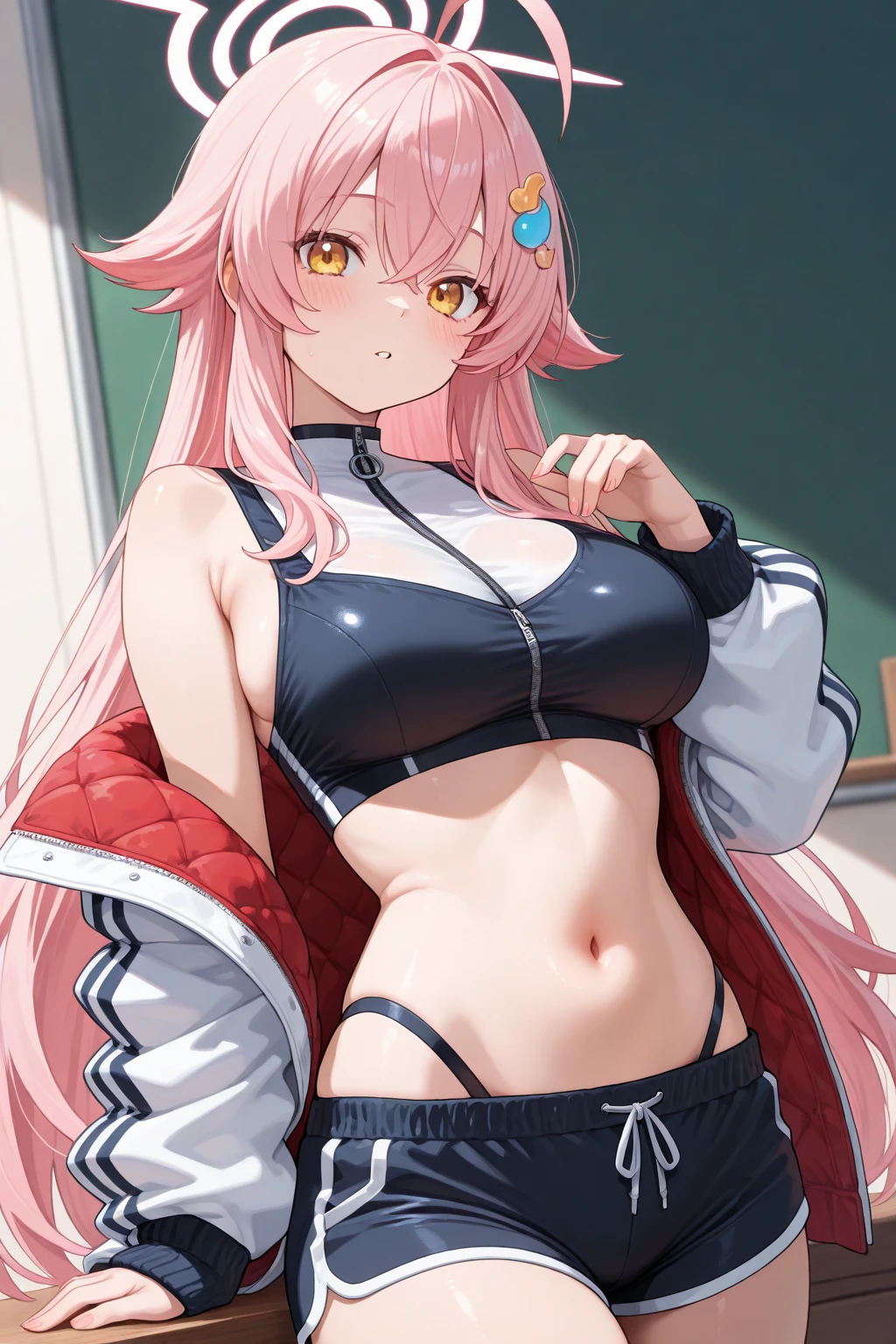 paizuri,breast squeeze,nsfw,1boy,penis, animal ear fluff, animal ears, bangs, bare shoulders, belt, breasts, brown eyes, cleavage, coat, collarbone, crop top, fur-trimmed coat, fur-trimmed hood, fur-trimmed jacket, fur-trimmed sleeves, fur coat, fur collar, fur trim, hair between eyes, jacket, large breasts, long hair, looking at viewer, midriff, navel, off shoulder, pink coat, pink hair, pink jacket, shirt, sidelocks, solo, twintails
