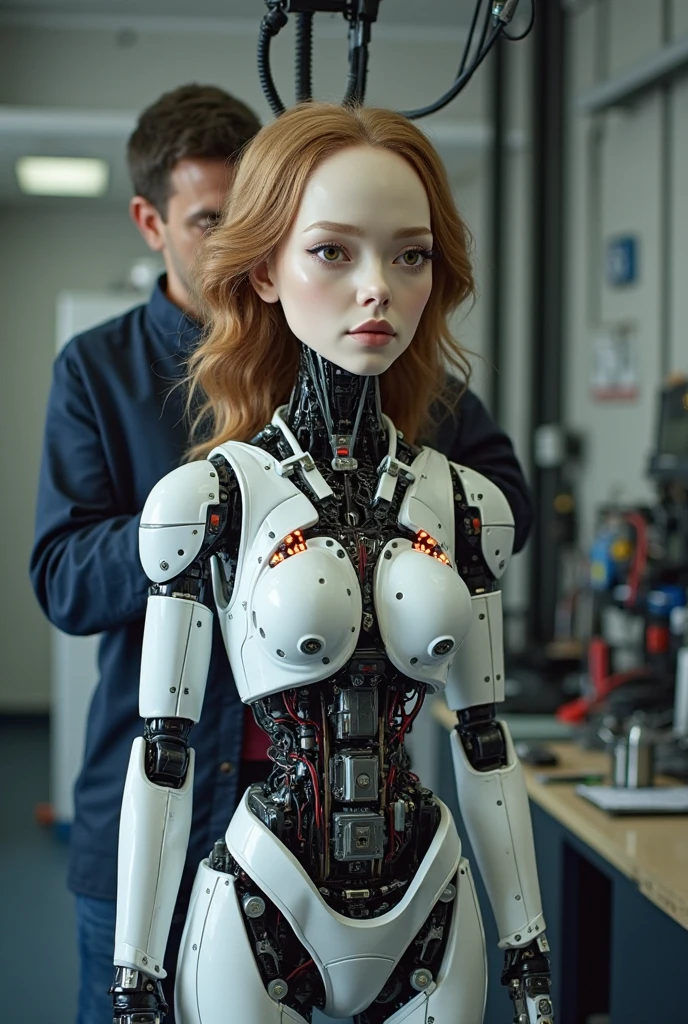 Realistic close-up photograph of a woman-shaped robot., with wavy brown hair, slightly tanned skin, Its metal and glass parts create a chaotic whirlwind., The wires and cables run messily around the unfinished form