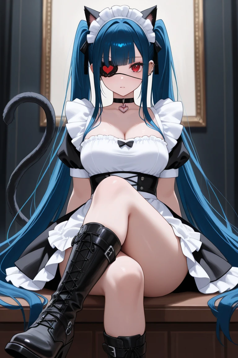 a sexy female with long blue hair, has puppy ears, has a puppy tail, wearing a black corset, wearing a black mini skirt, has a dark blue dog collar on, wearing cute thigh high socks