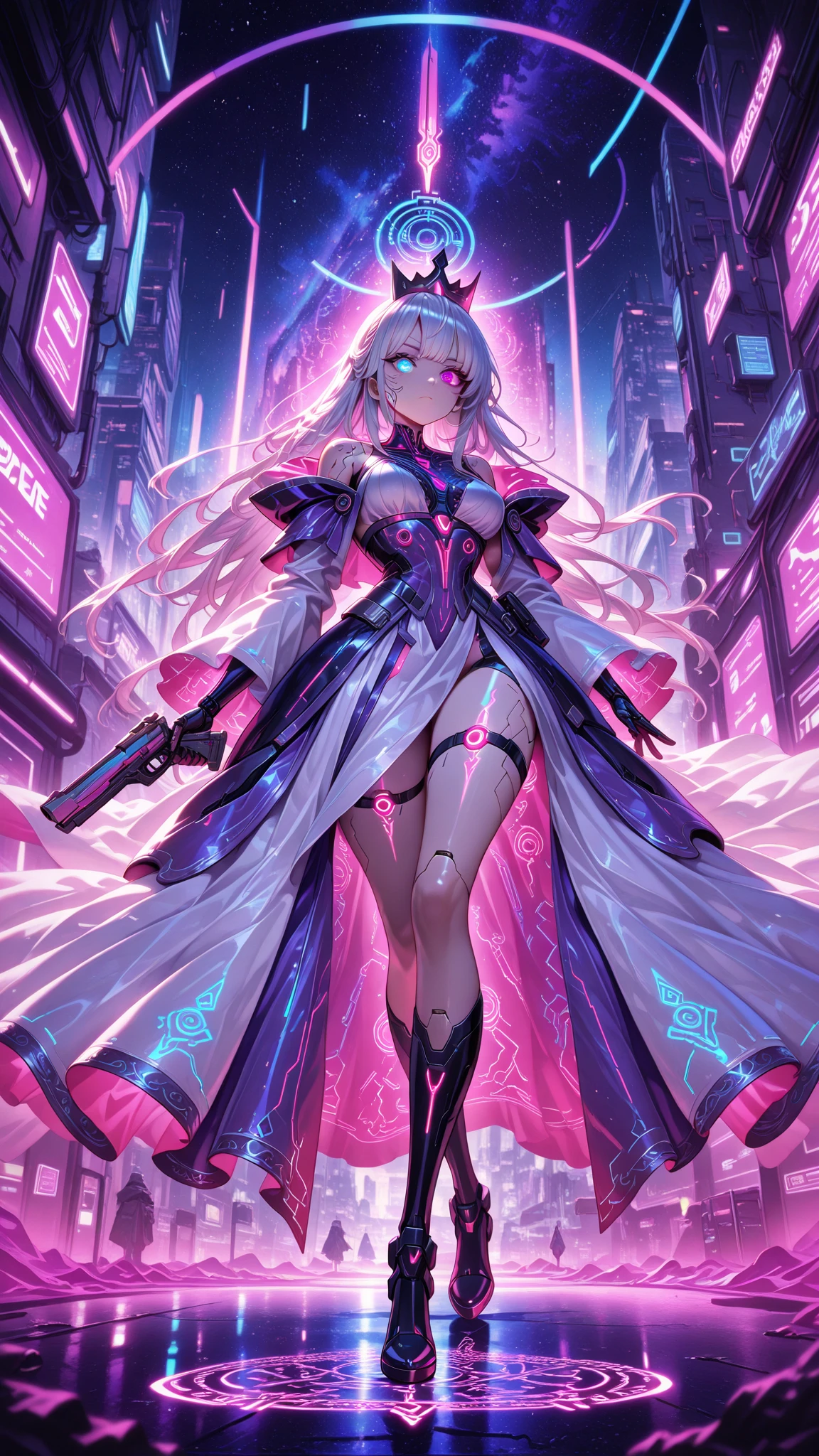 ((best quality)) , ((masterpiece)) , (detailed),A full body illustration of an American female character in the style of Hearthstone card art, dancing on a disco dancefloor with a big glittering mirror ball overhead. She wears purple and gold and has white hair. Her hands are up as if to talk to someone, with a happy expression. The background is colorful with vibrant colors and high contrast. It is a low angle shot with a wide lens. ,biomechanical cyberpunk . cybernetics, human-machine fusion, dystopian, organic meets artificial, dark, intricate, highly detailed