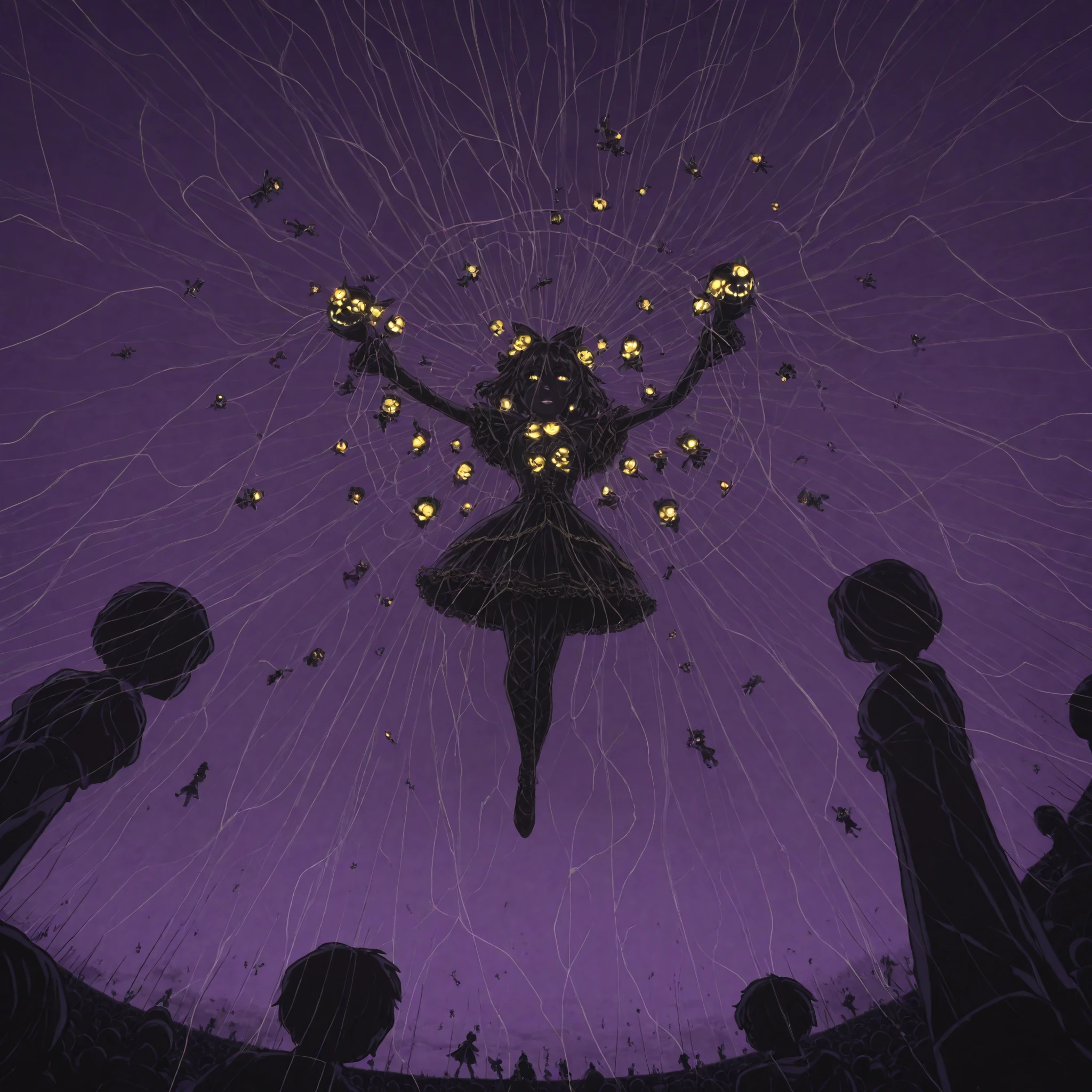 3D, retro, PSP Vita style, polygonal models, low-res textures, stylized lighting, video game aesthetic, square image, wide-angle FOV, dramatic upward POV, dynamic camera angle, tilted perspective, perspective distortion, theatrical setting, surreal environment, haunted carnival, gothic atmosphere, stormy violet sky, glowing yellow eyes, glowing puppets, cursed stage play vibe, eerie presence, towering shadowy figure, swirling shadows, shadow tendrils, puppet strings, puppets dancing, puppeteer control, sinister tone, dark fantasy, LittleBigPlanet-inspired, menacing character, retro gaming charm, purple and yellow color palette, atmospheric, cinematic composition, puppet world manipulation, visual storytelling, creepy magical realism