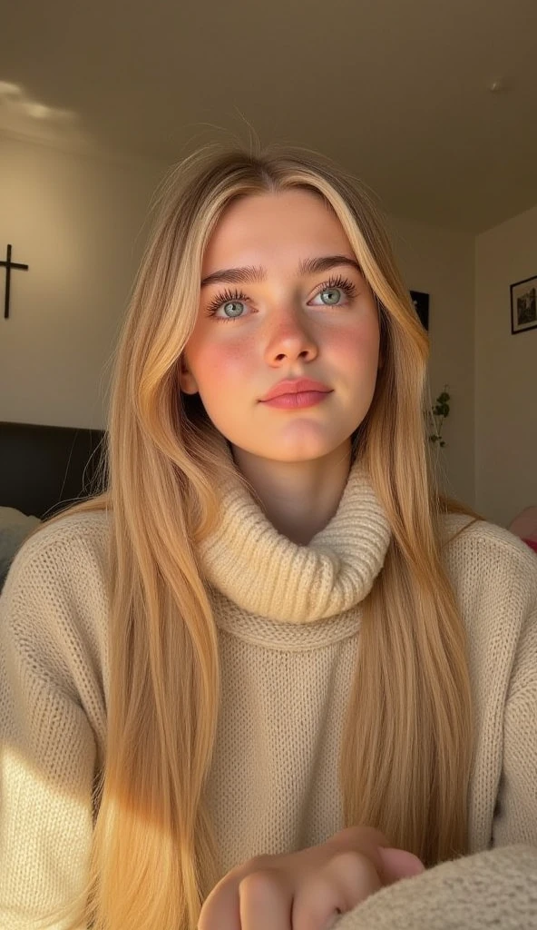 create 15 year old girl, nordic, super Straight hair average looking blonde, blue eyes, looking directly into camera, upper body selfie, wearing casual clothes, side view, at home, night