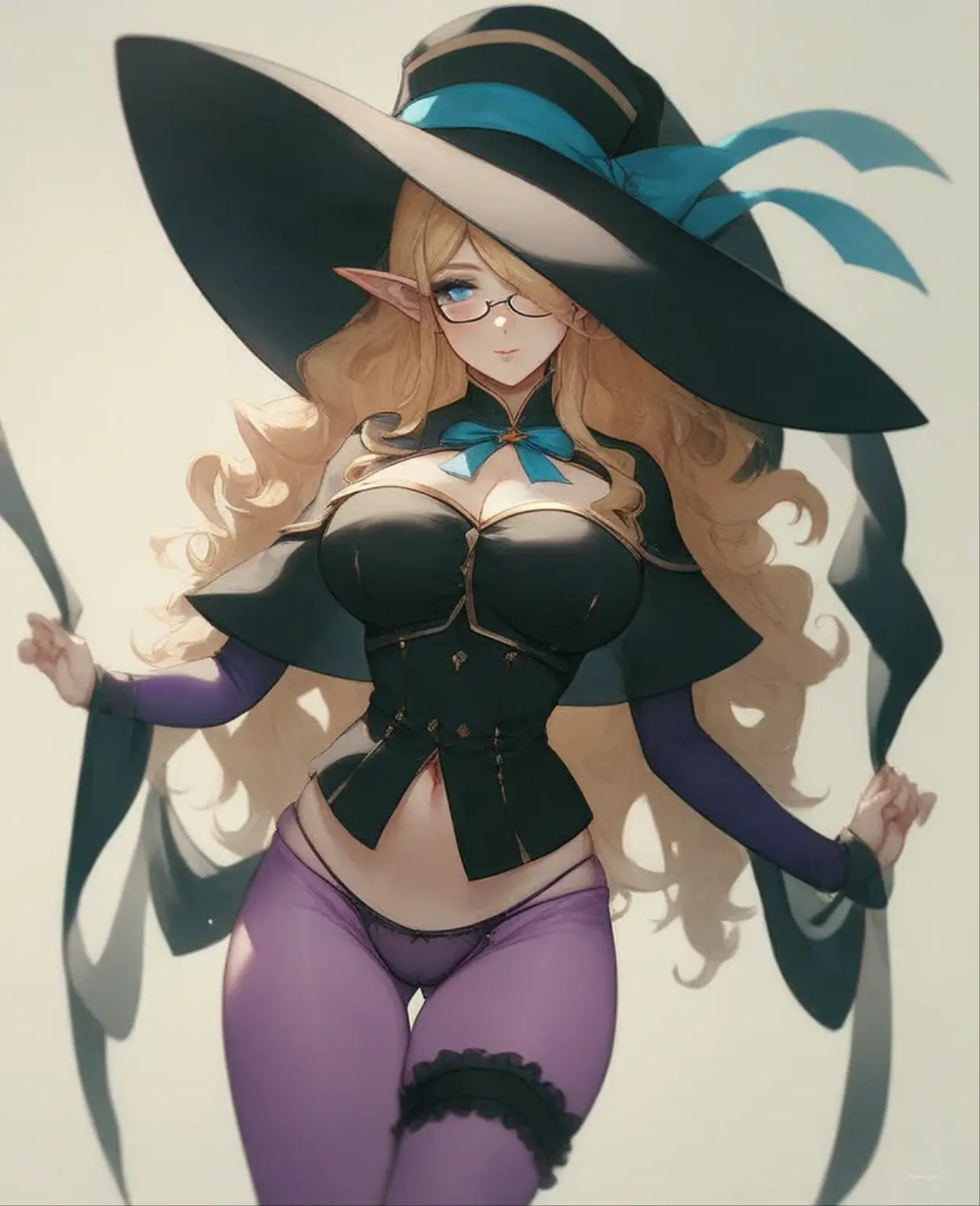 female, blonde long hair, blue eyes, pale skin, (((1girl))), (((purple corset suit with black trim))), (purple witch hat with black trim), (purple heels), (black tights), (white skirt), (glasses), (black fingerless opera gloves), cute and sexy, modest breasts, large butt, full body, long legs, smiling
