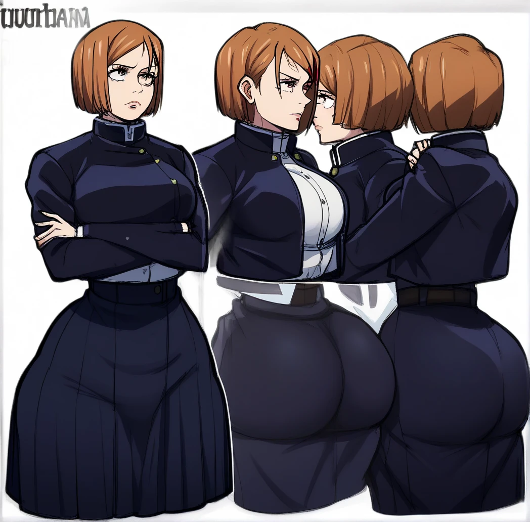 Kugisaki Nobara from Jujutsu Kaisen、25-years old、beautiful legs and big breasts、Brown hair、short-hair、hight resolution、8K、A smile、opens legs、Wet、エロ、Beautiful legs、Model body type、White High Leg、Blue boots、Blue gloves